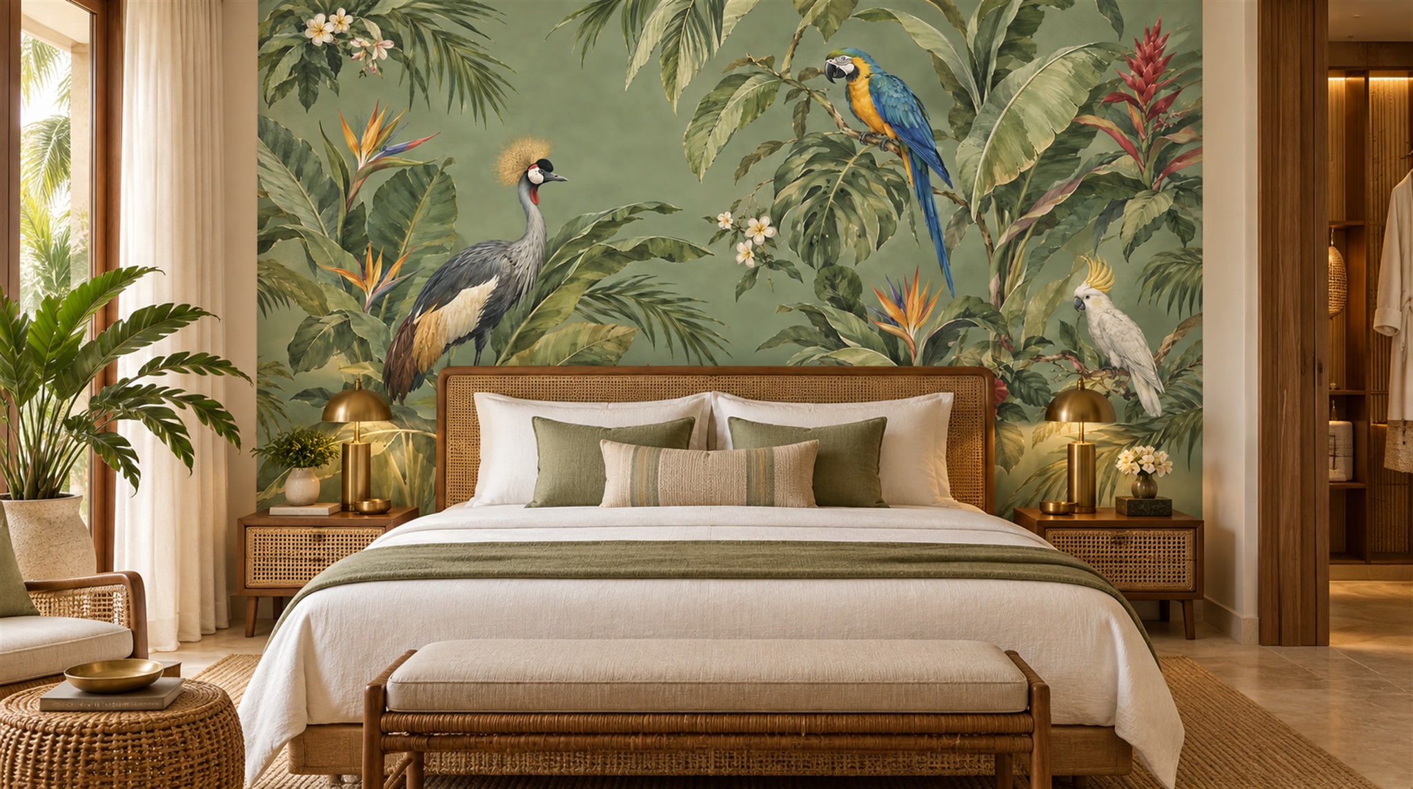 Sage Green Bird Detailing Wallpaper Mural Scene