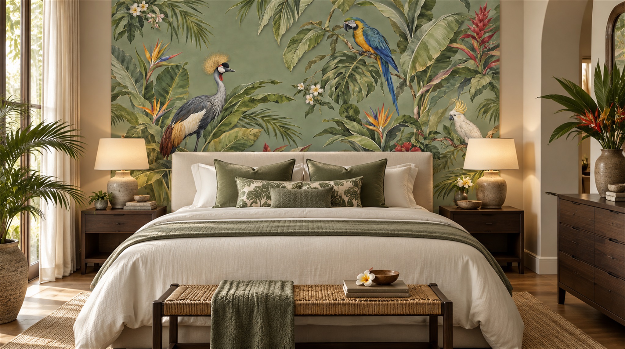 Sage Green Bird Detailing Wallpaper Mural Scene