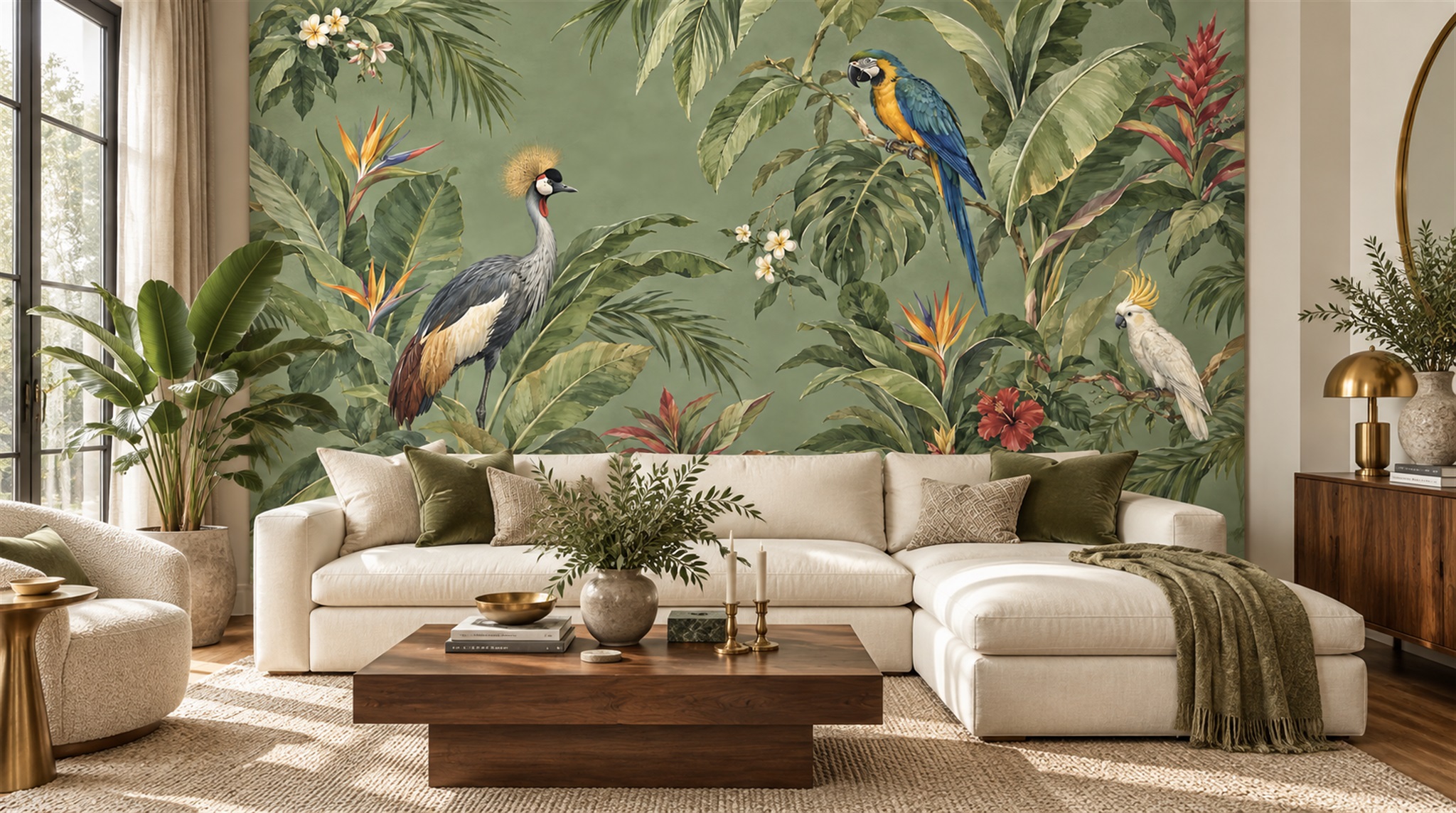 Sage Green Bird Detailing Wallpaper Mural Scene