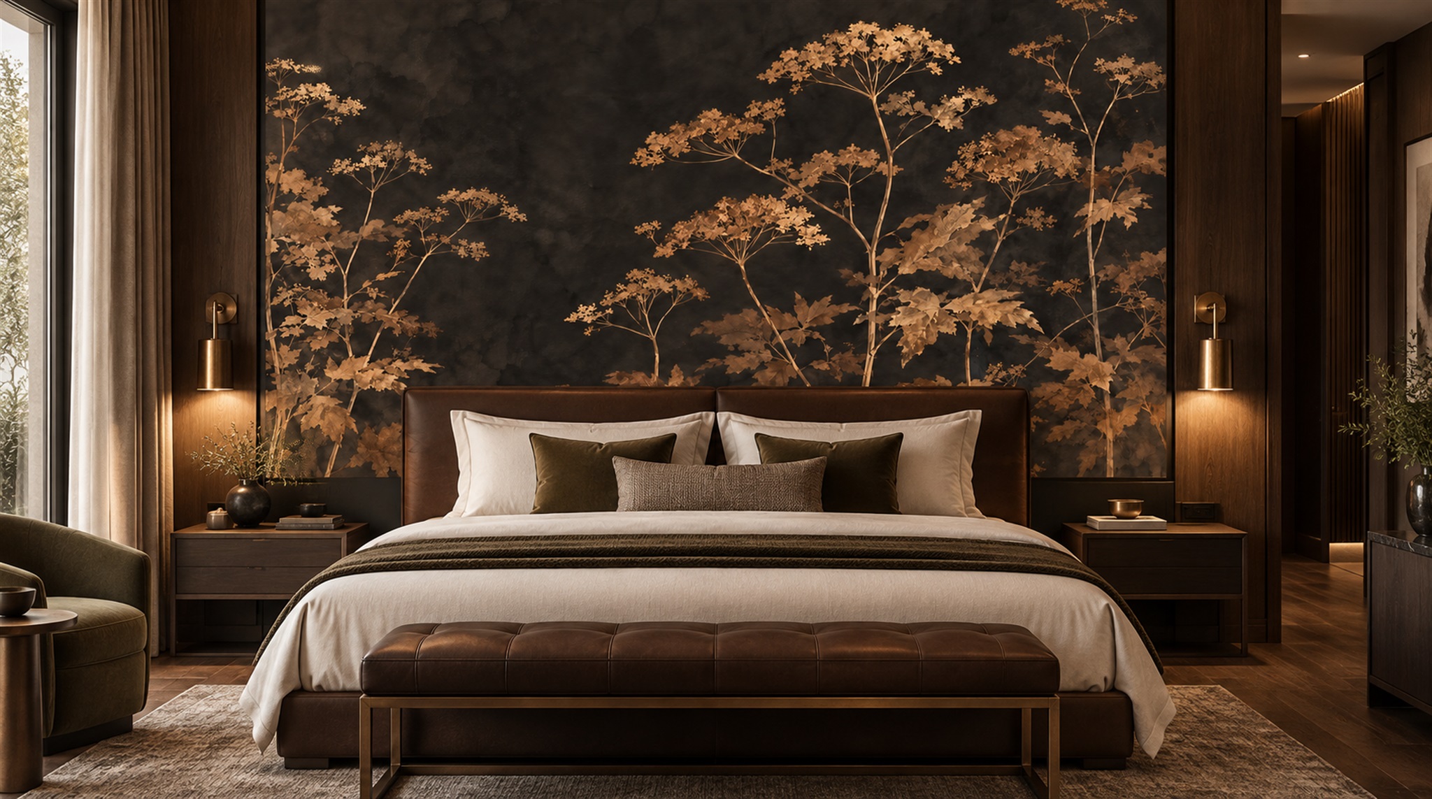 Neutral Leaf Patterning Wallpaper Mural Scene