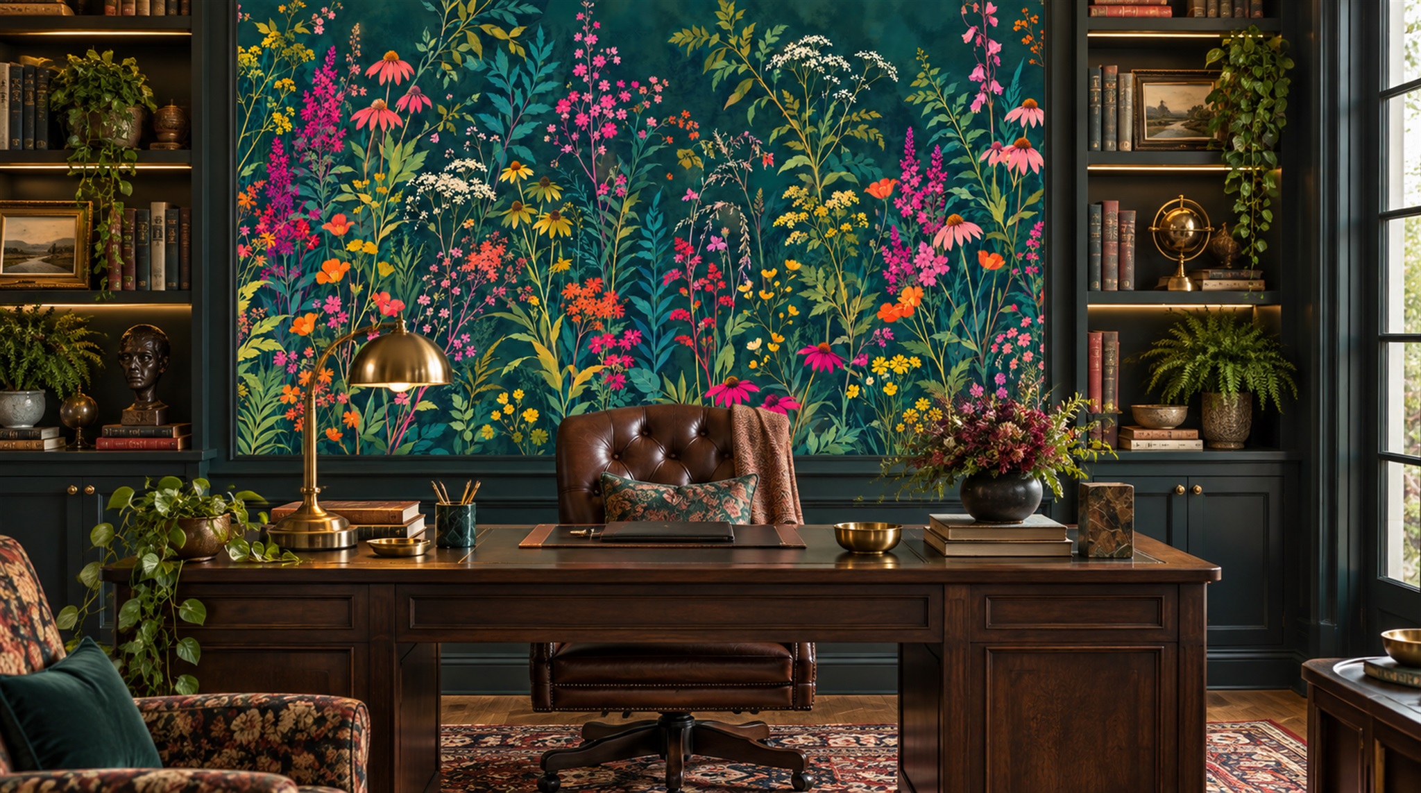 Teal Floral Patterning Wallpaper Mural Main
