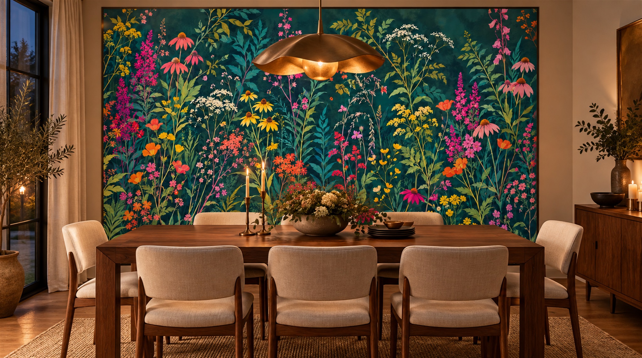 Teal Floral Patterning Wallpaper Mural Scene