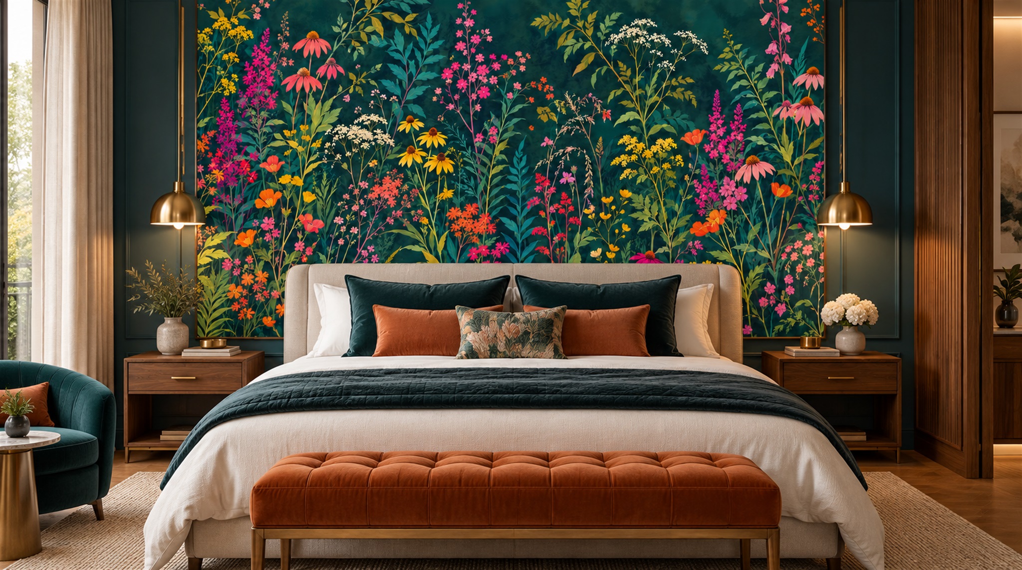 Teal Floral Patterning Wallpaper Mural Scene