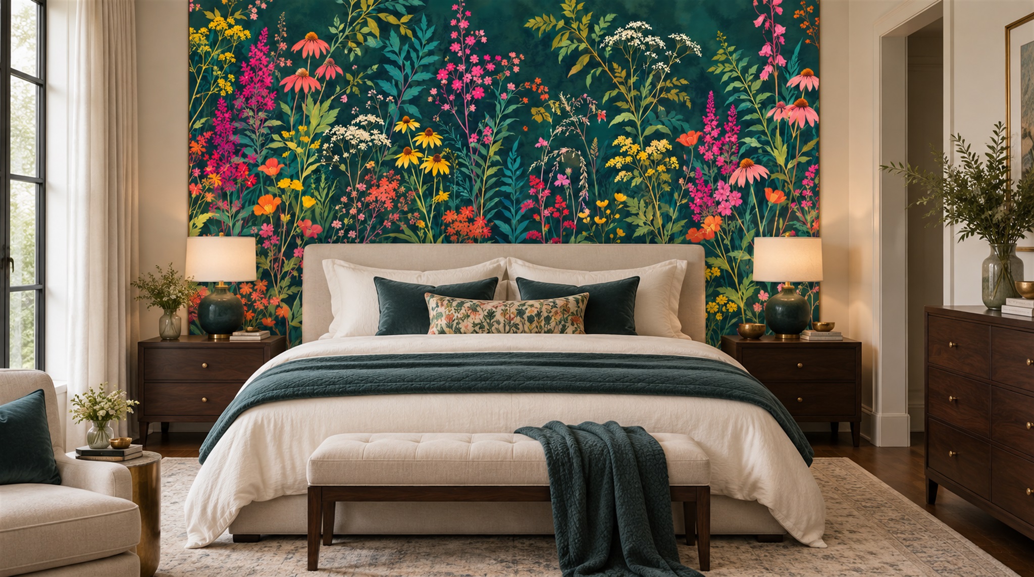 Teal Floral Patterning Wallpaper Mural Scene