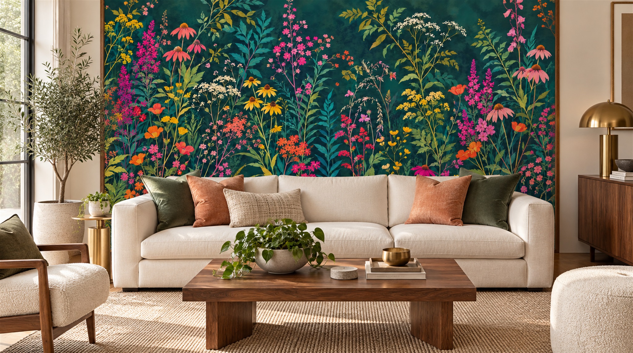 Teal Floral Patterning Wallpaper Mural Scene