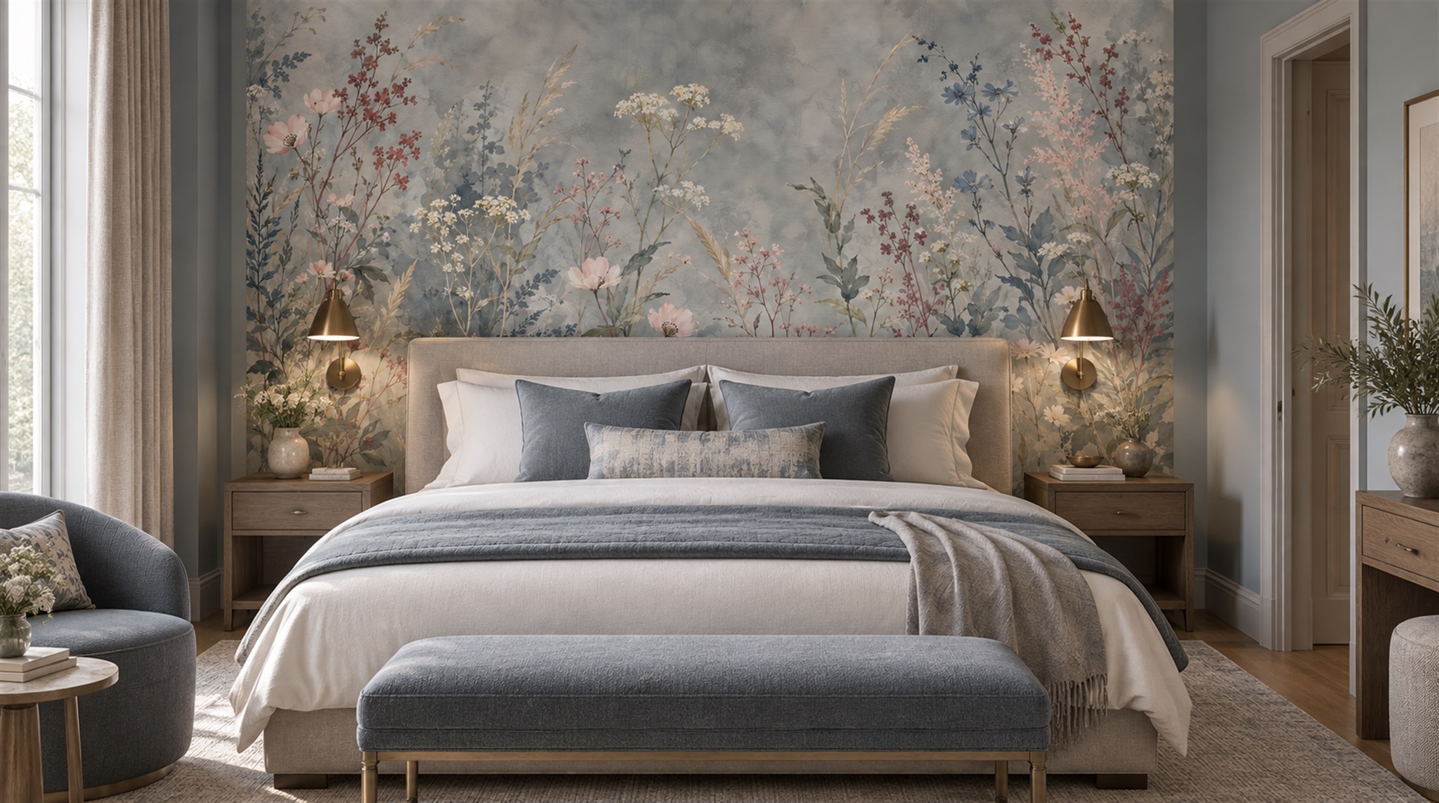 Blue Floral Patterning Wallpaper Mural Scene
