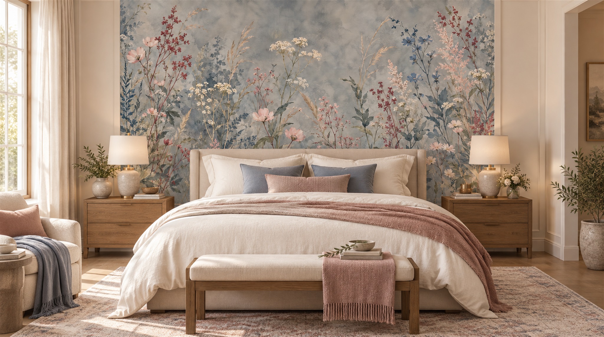 Blue Floral Patterning Wallpaper Mural Scene