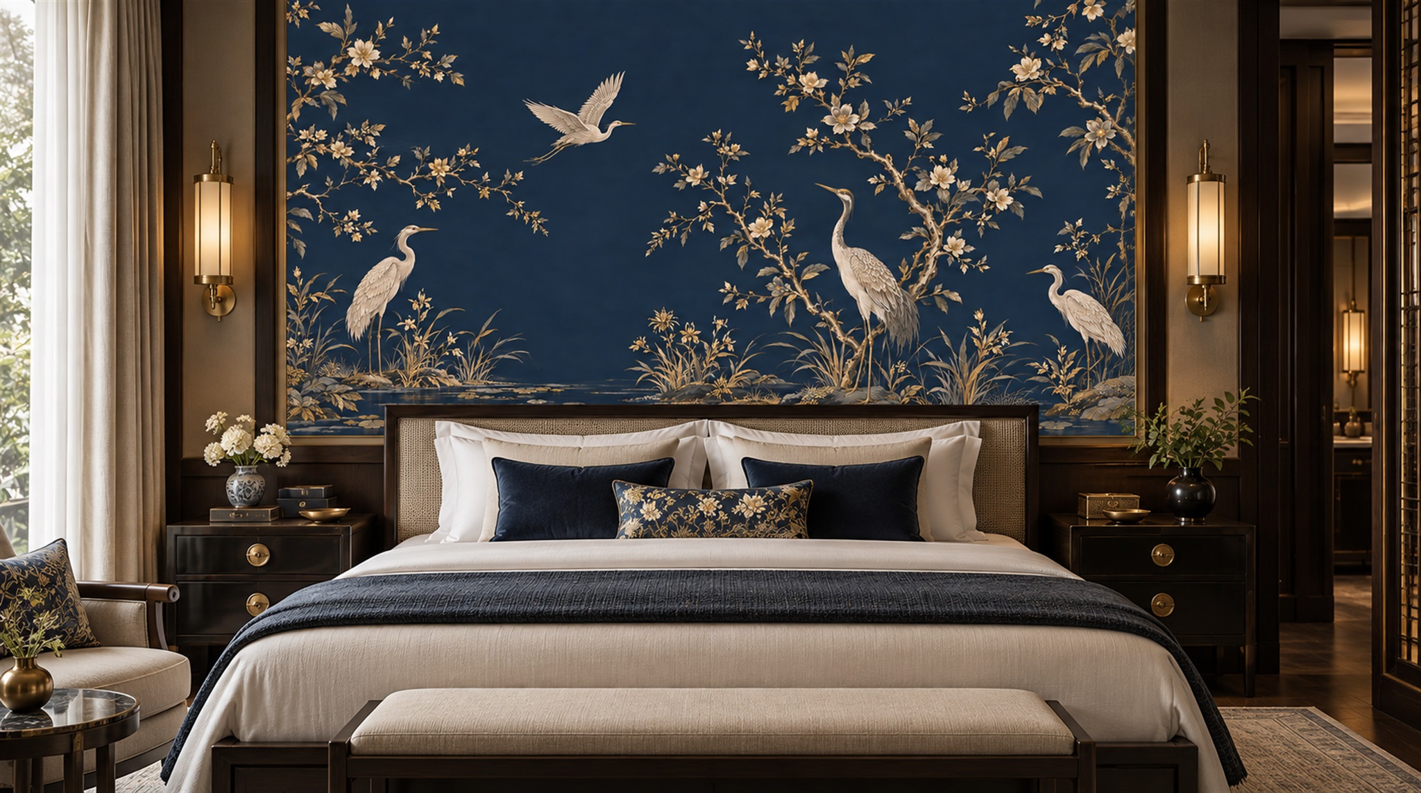 Navy Bird Detailing Wallpaper Mural Scene