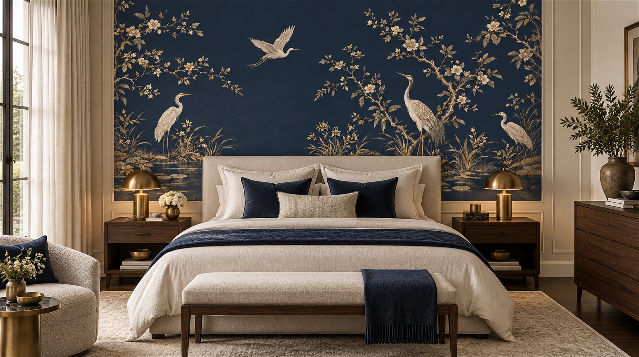 Navy Bird Detailing Wallpaper Mural Scene