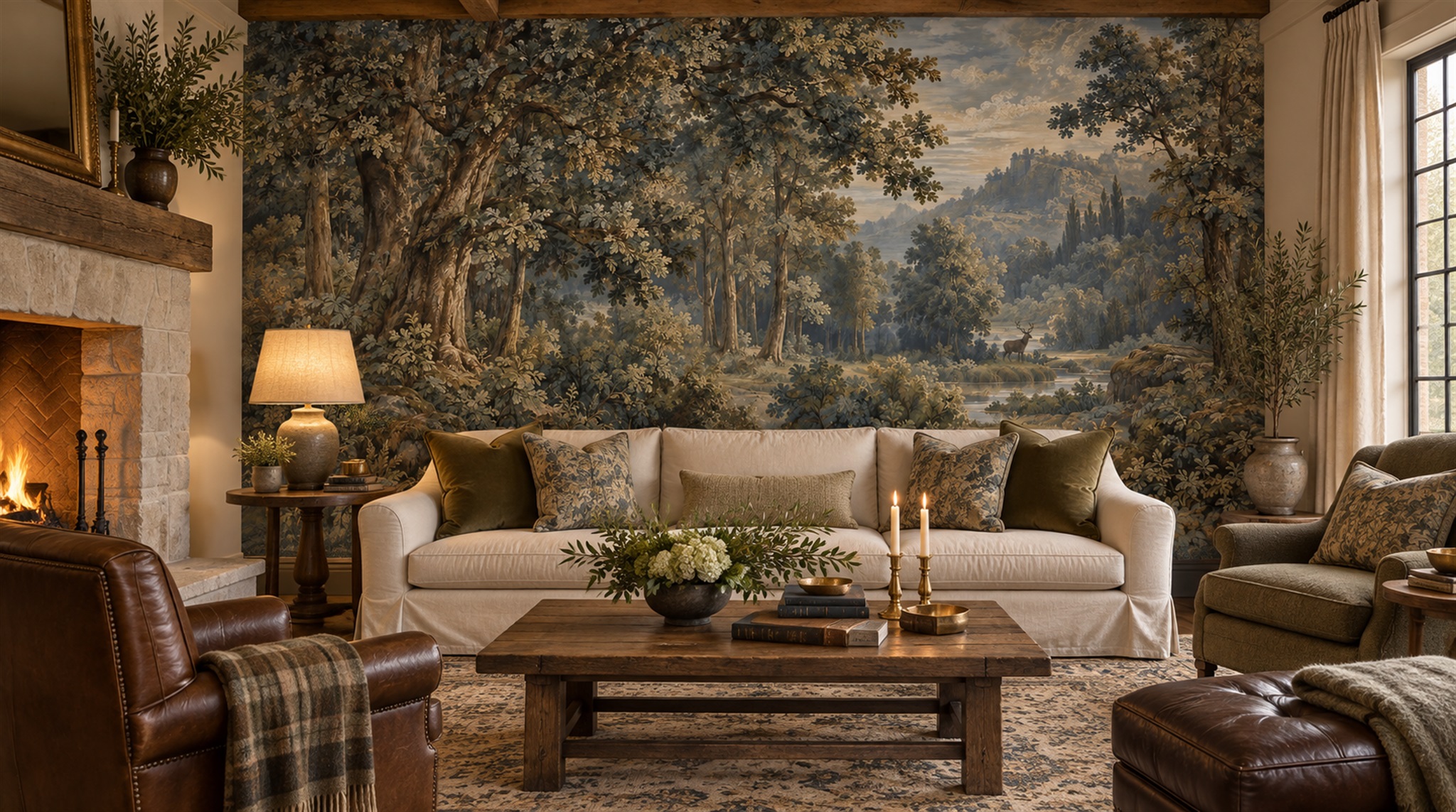 Neutral Woodland Trees Wallpaper Mural Scene