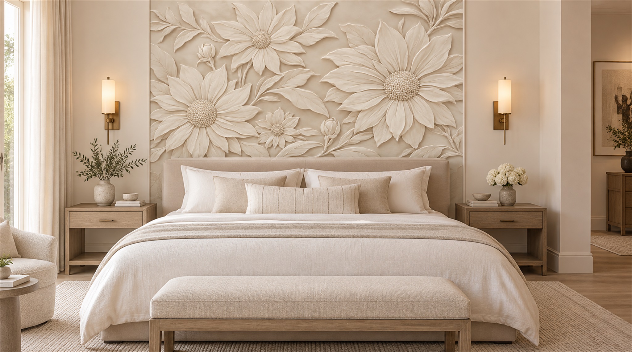 Ivory Floral Foliage Wallpaper Mural Scene