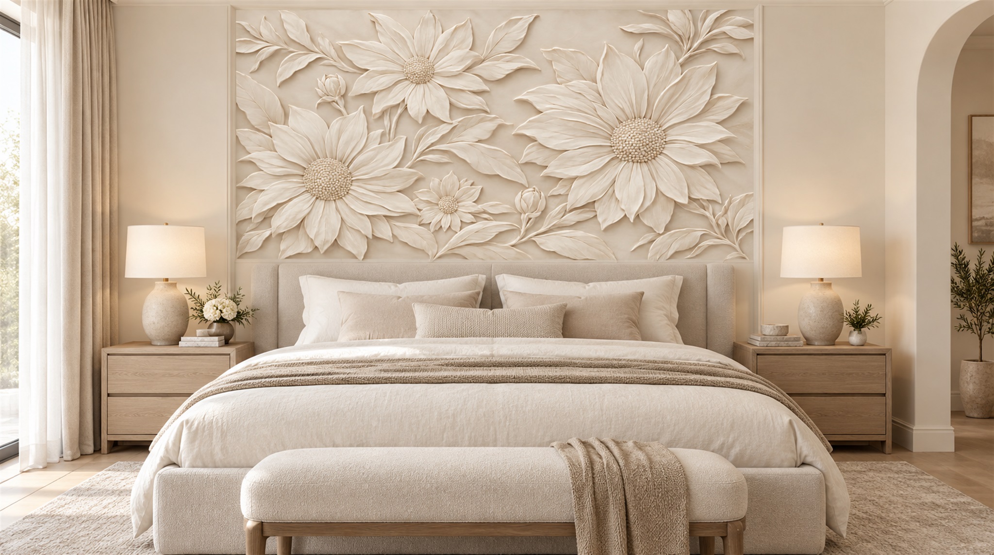Ivory Floral Foliage Wallpaper Mural Scene