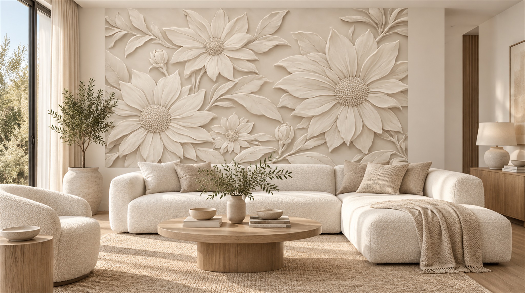 Ivory Floral Foliage Wallpaper Mural Scene