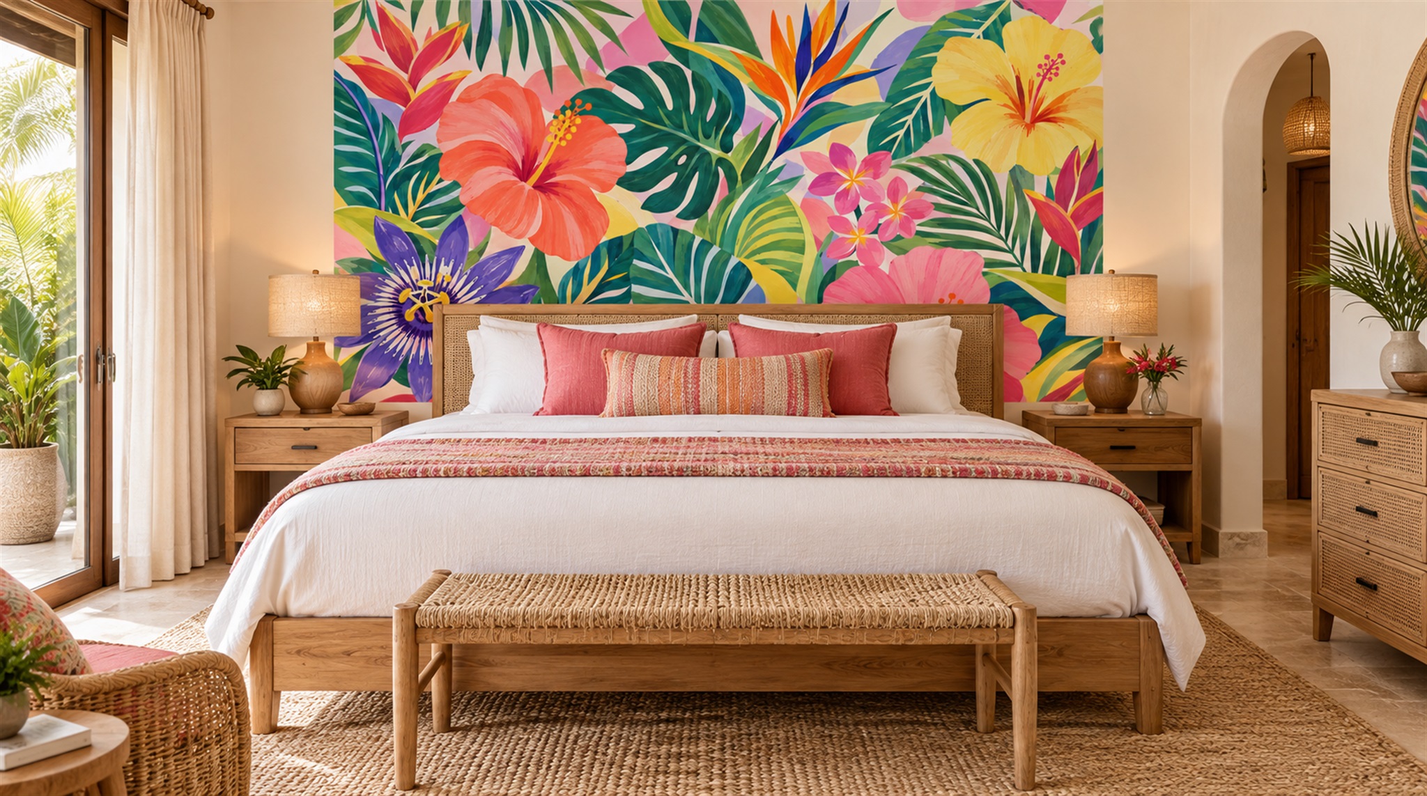 Neutral Tropical Foliage Wallpaper Mural Scene