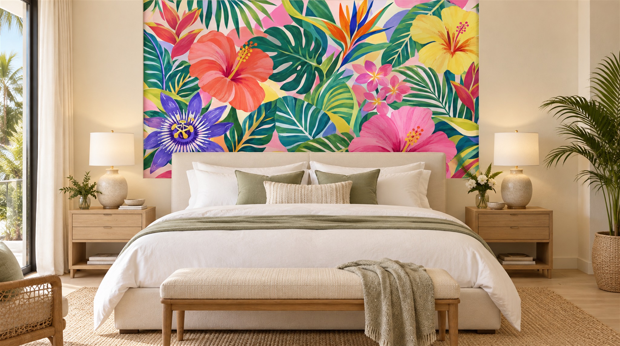 Neutral Tropical Foliage Wallpaper Mural Scene