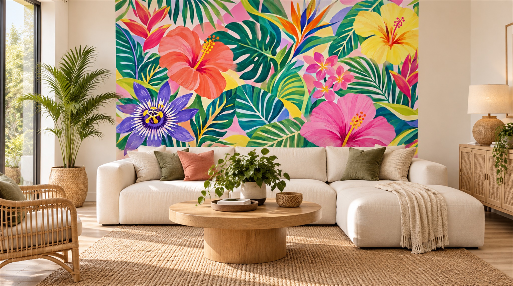 Neutral Tropical Foliage Wallpaper Mural Scene
