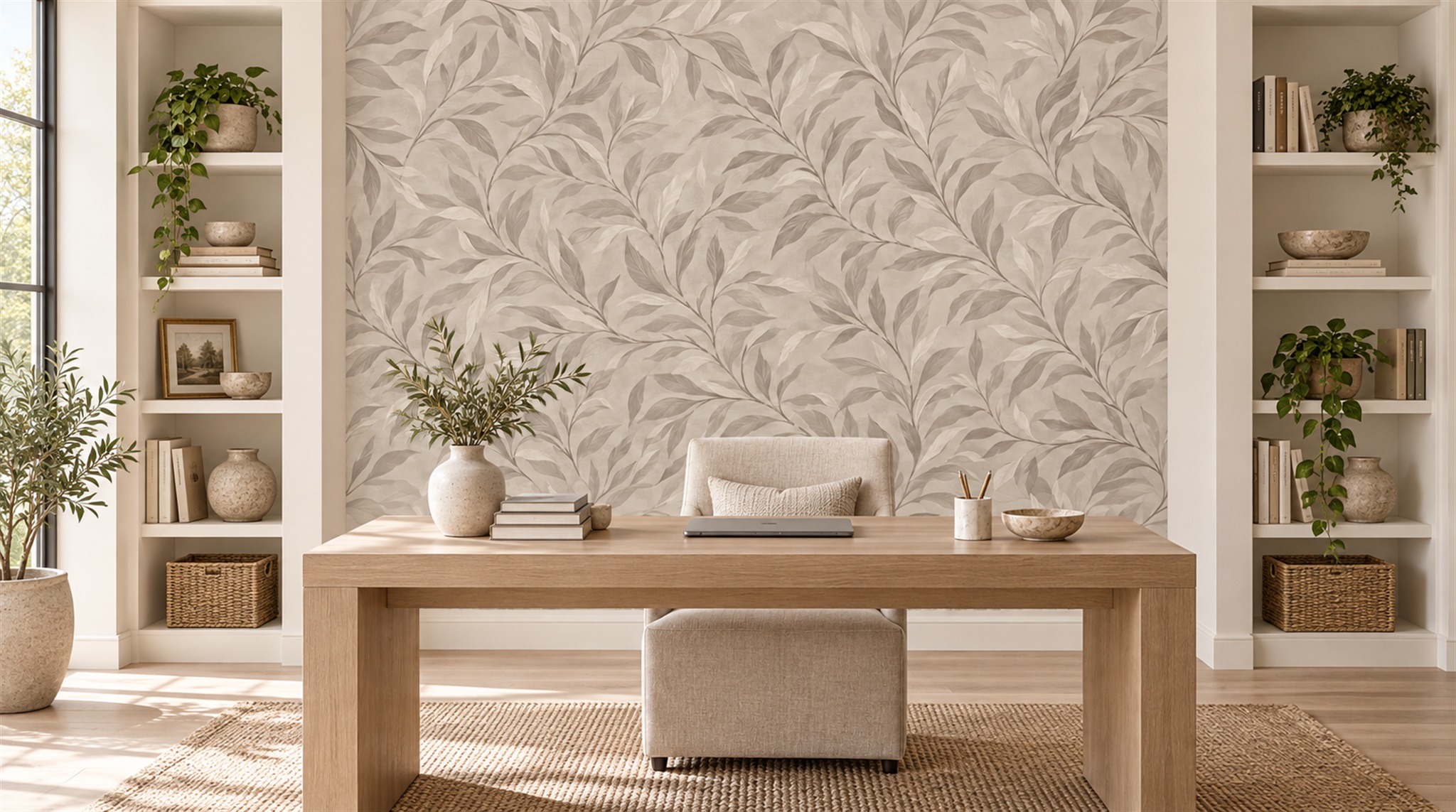 Grey Leaf Patterning Wallpaper Mural Main