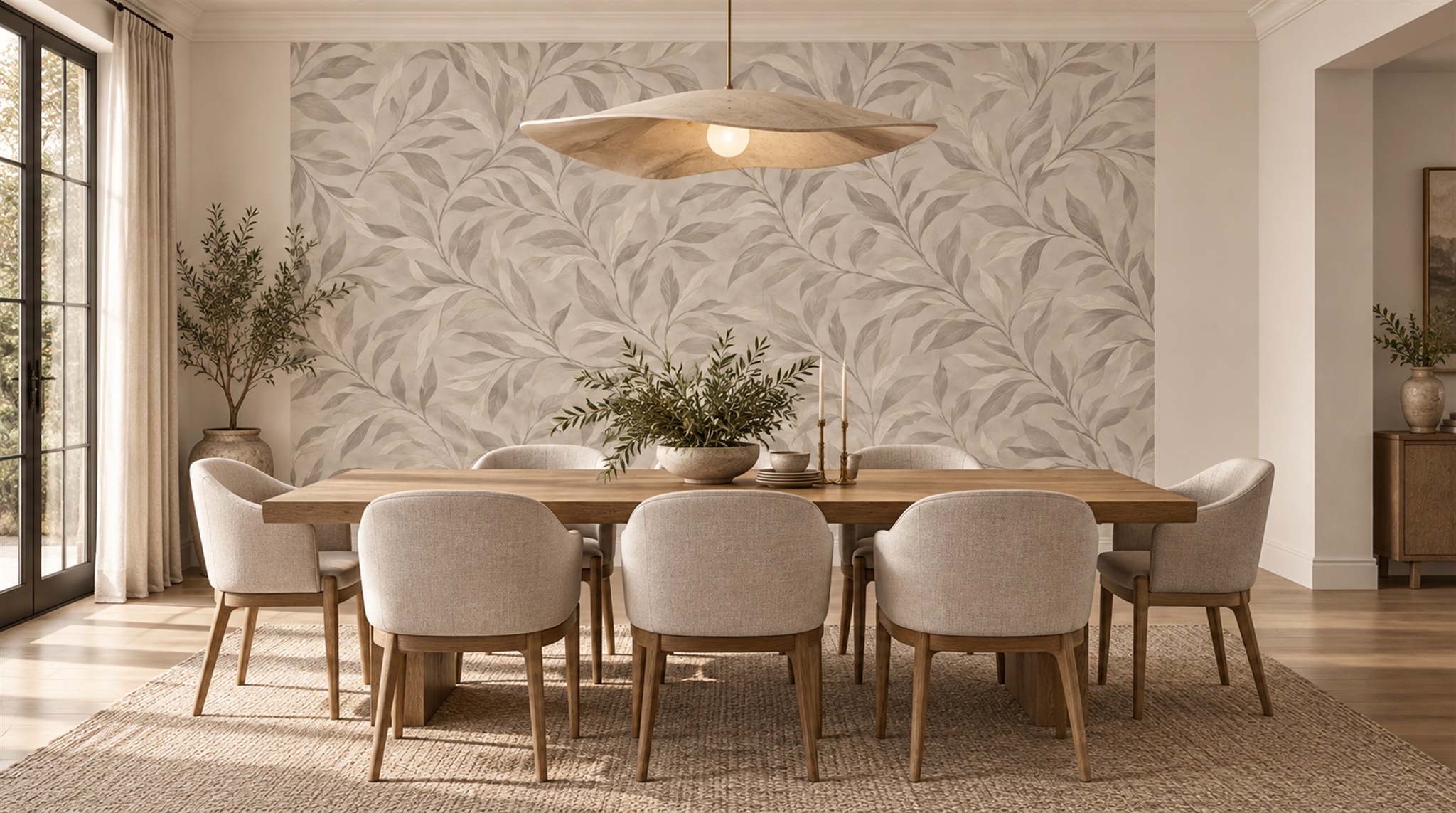 Grey Leaf Patterning Wallpaper Mural Scene