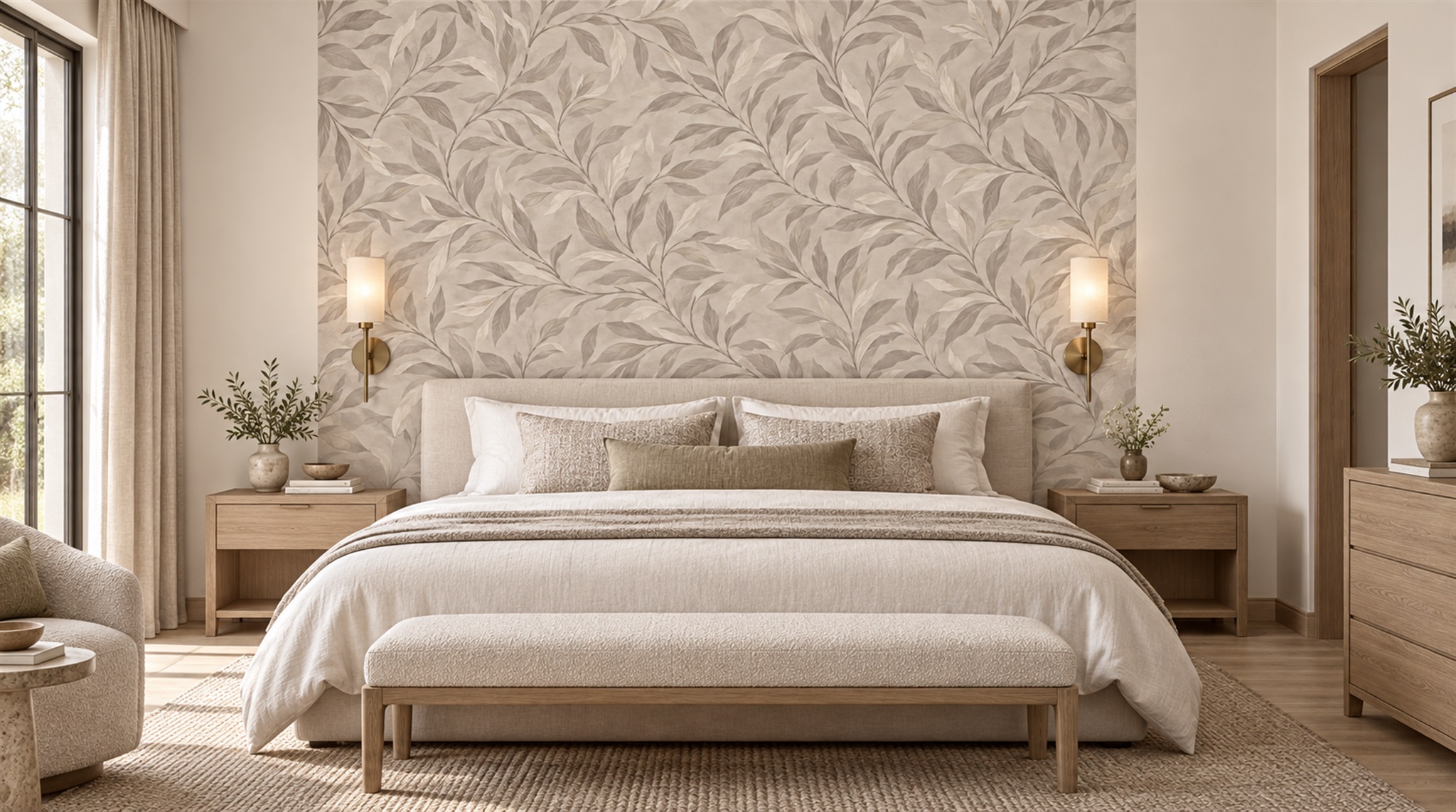 Grey Leaf Patterning Wallpaper Mural Scene