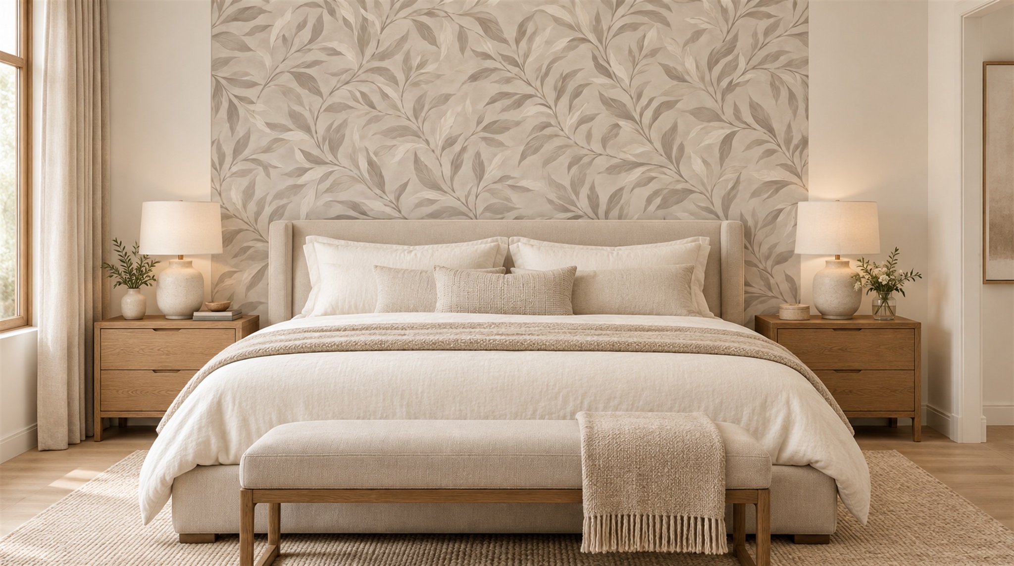 Grey Leaf Patterning Wallpaper Mural Scene