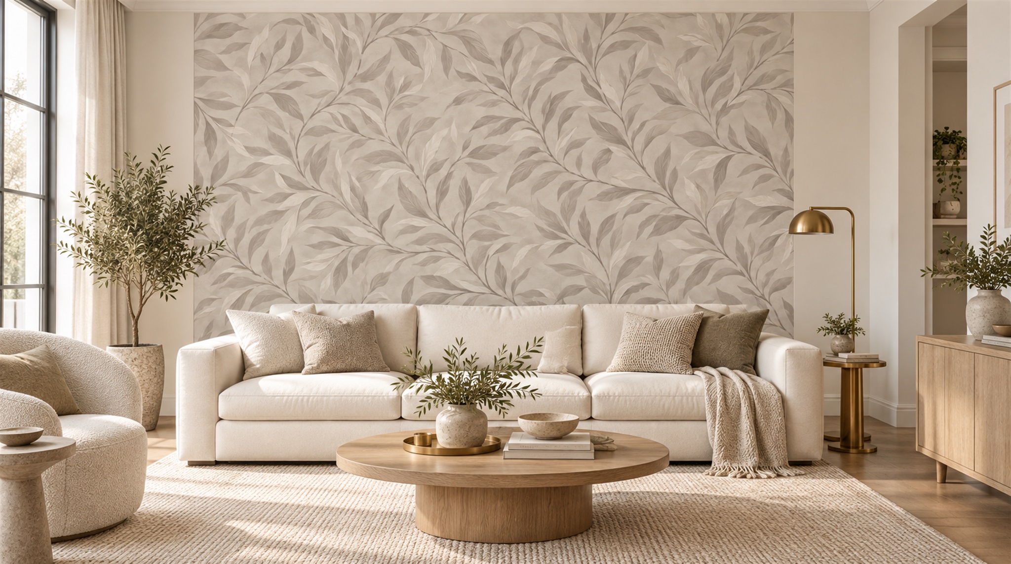 Grey Leaf Patterning Wallpaper Mural Scene