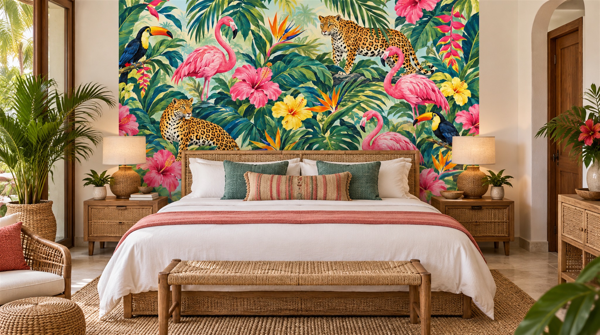 Neutral Tropical Foliage Wallpaper Mural Scene