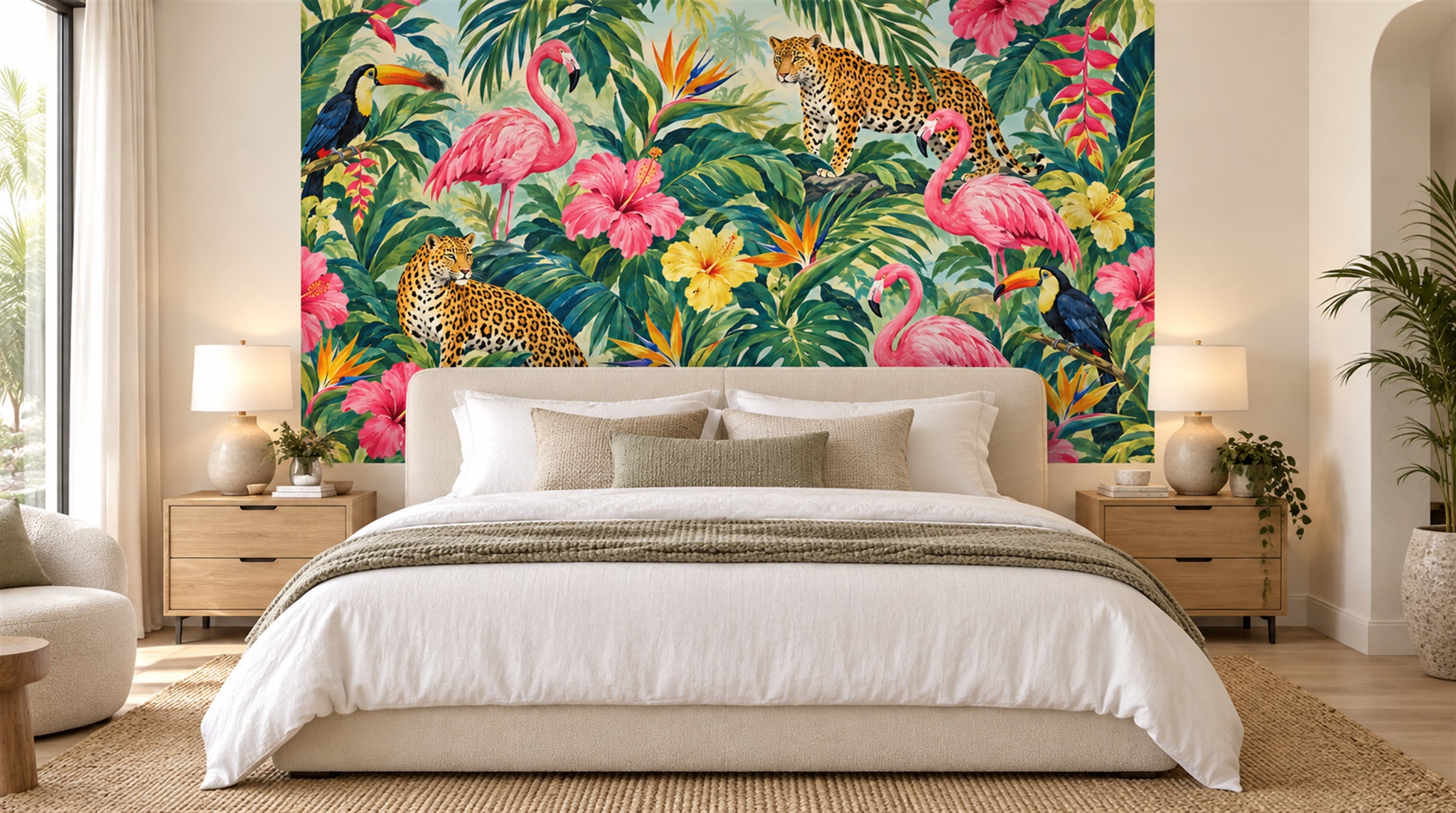Neutral Tropical Foliage Wallpaper Mural Scene