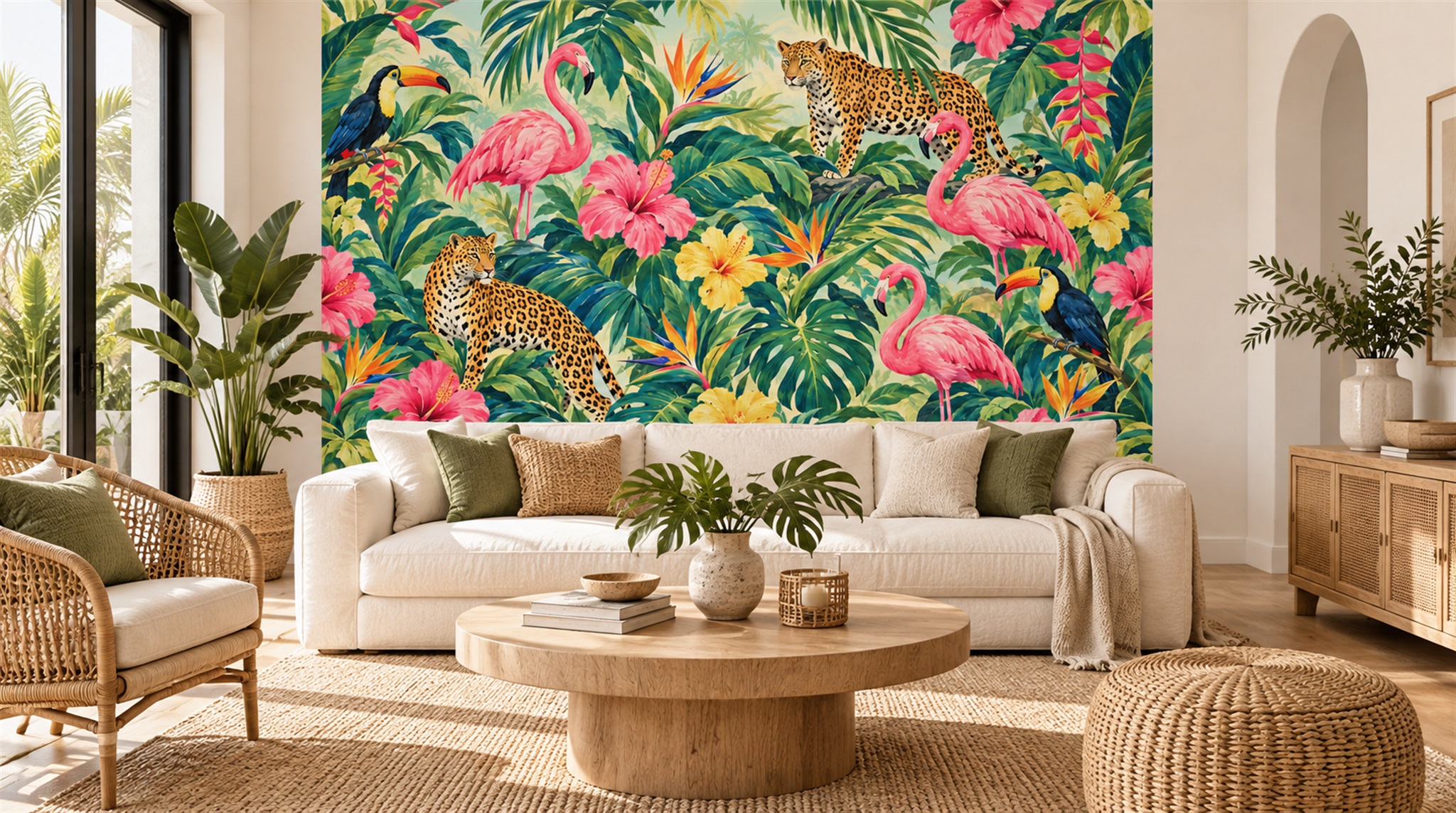 Neutral Tropical Foliage Wallpaper Mural Scene