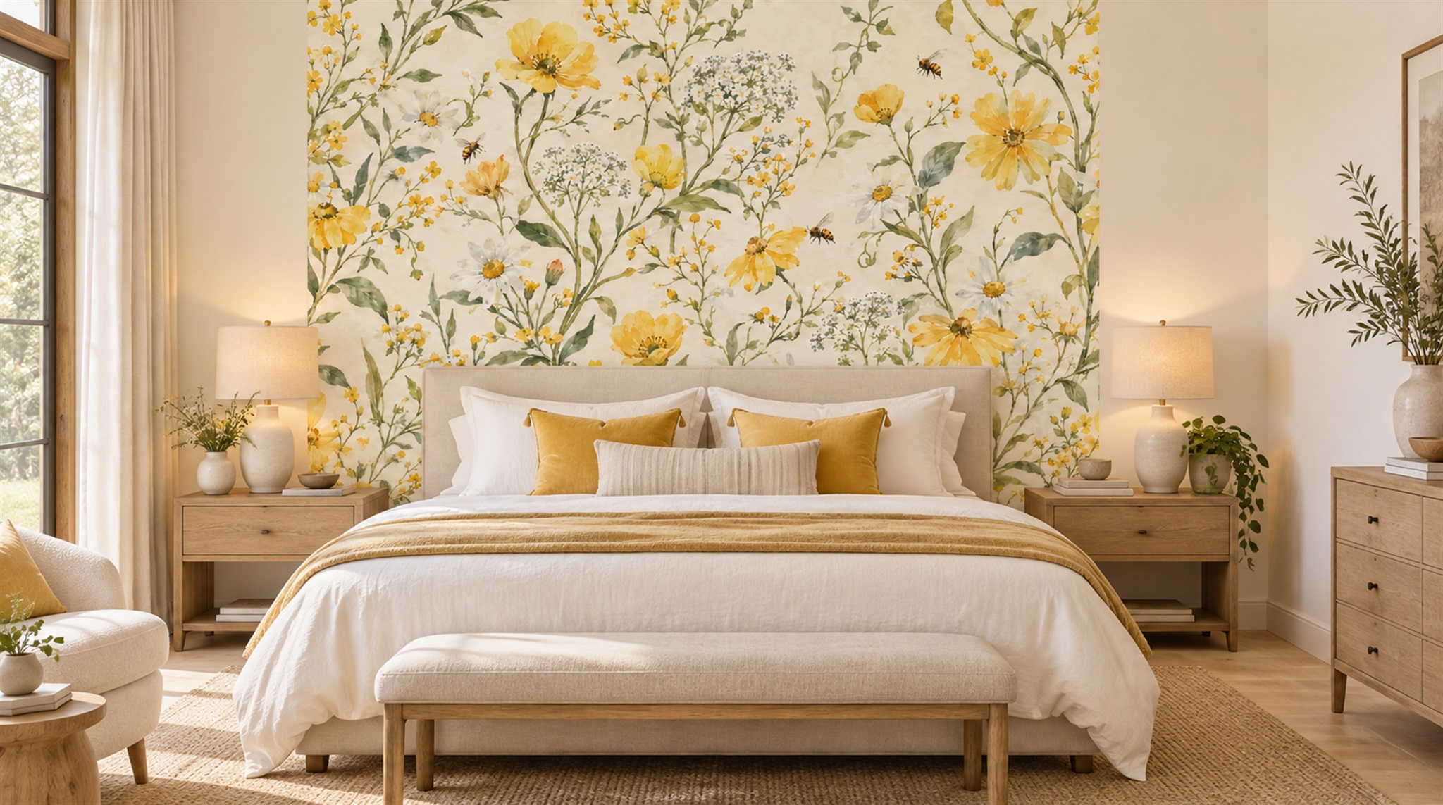 Neutral Floral Patterning Wallpaper Mural Scene