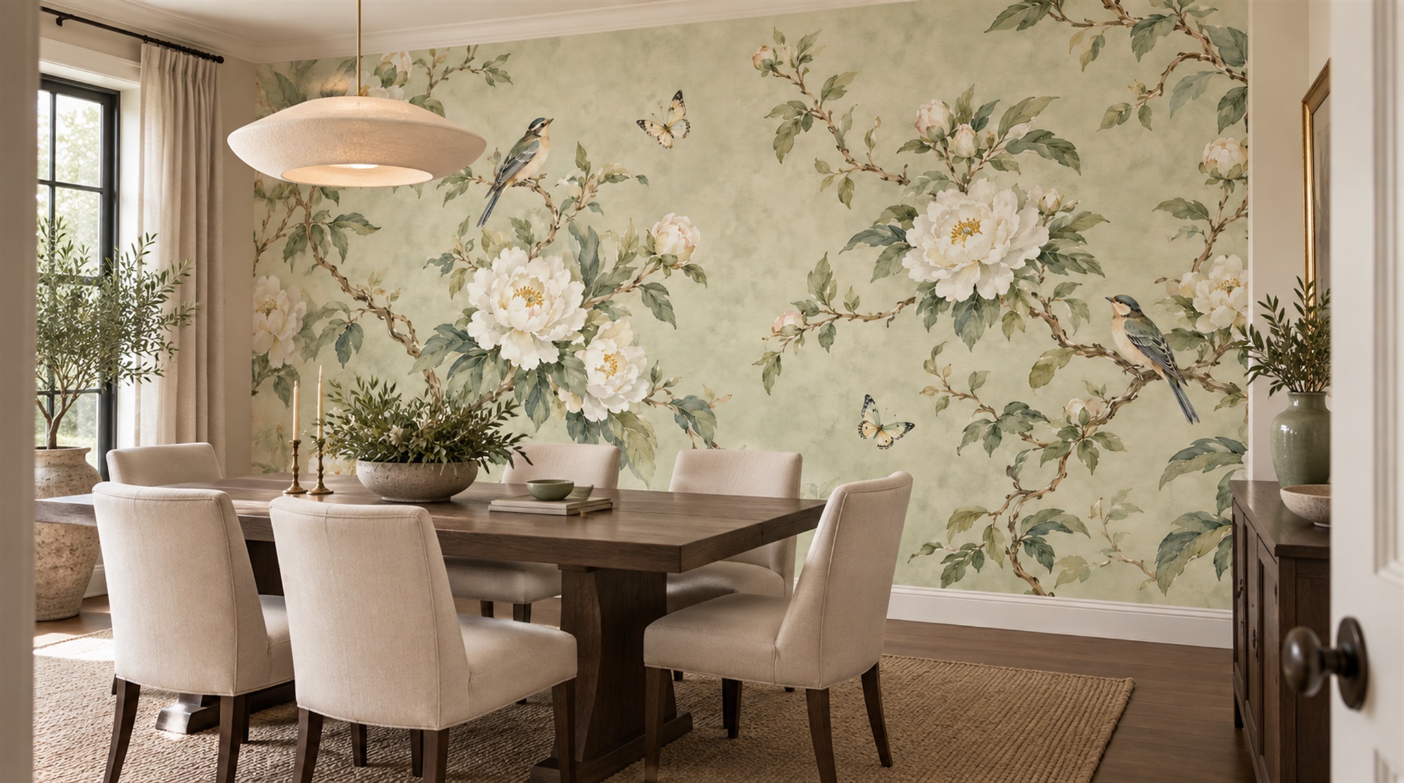 Sage Green Floral Foliage Wallpaper Mural Scene