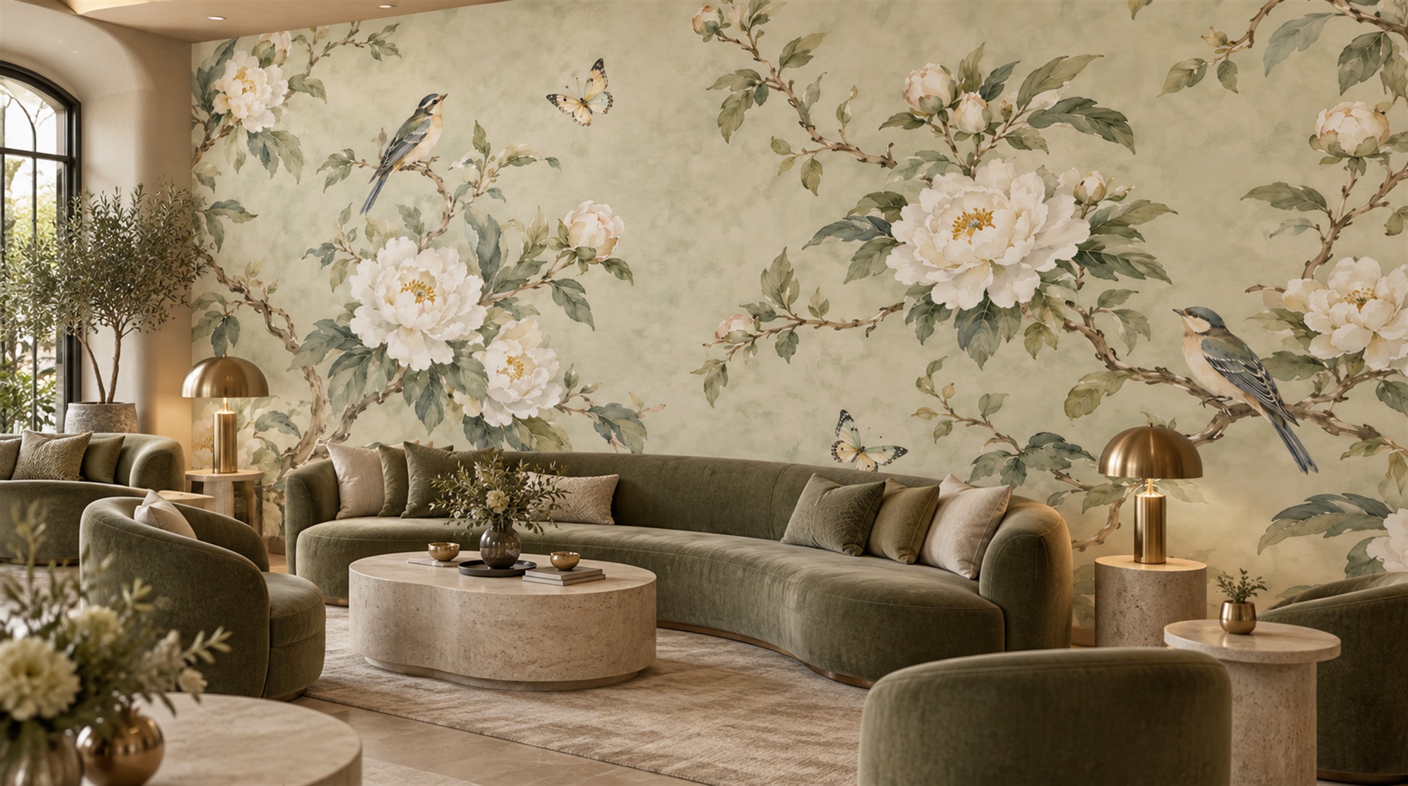 Sage Green Floral Foliage Wallpaper Mural Scene