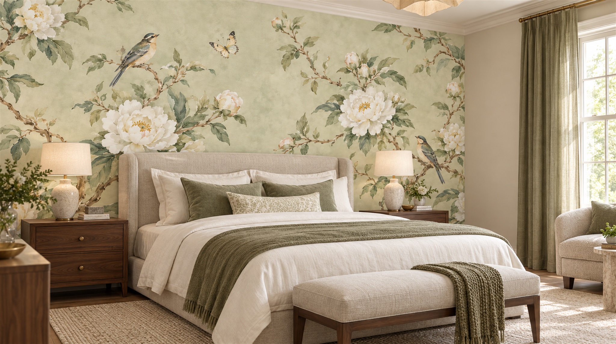 Sage Green Floral Foliage Wallpaper Mural Scene