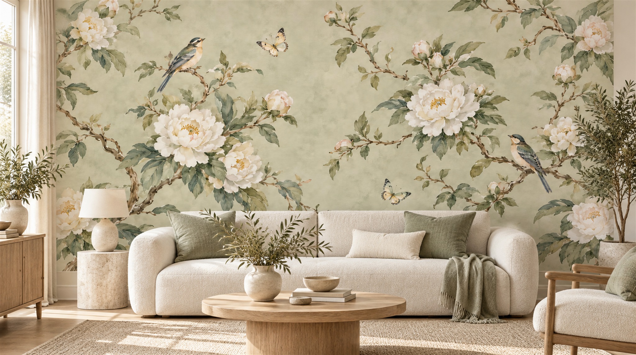 Sage Green Floral Foliage Wallpaper Mural Scene
