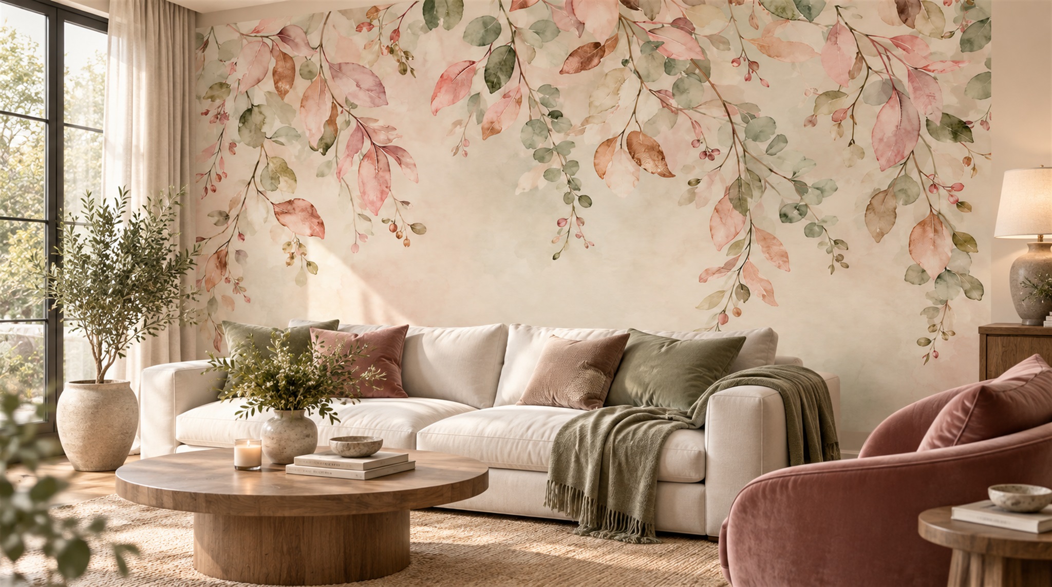 Pink Floral Foliage Wallpaper Mural Scene