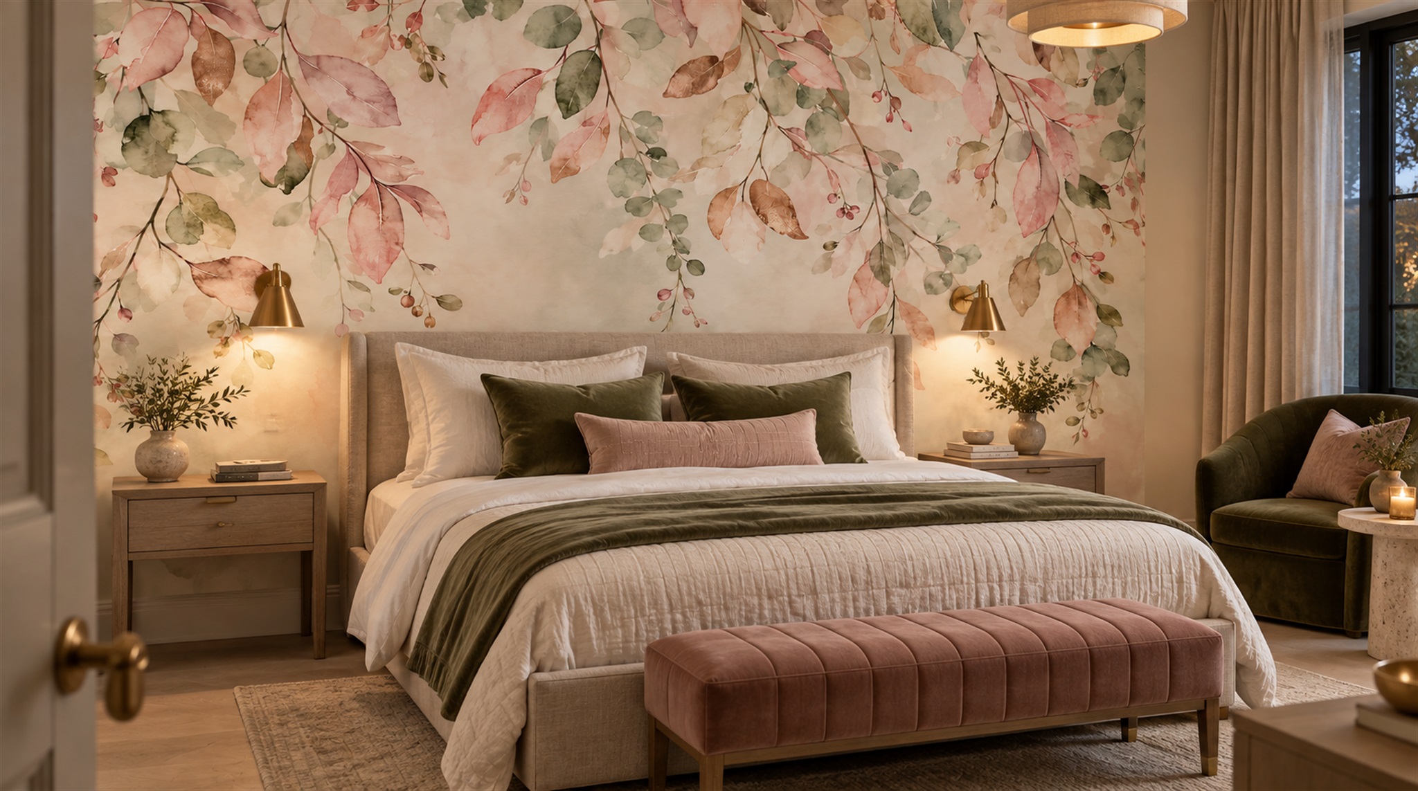 Pink Floral Foliage Wallpaper Mural Scene