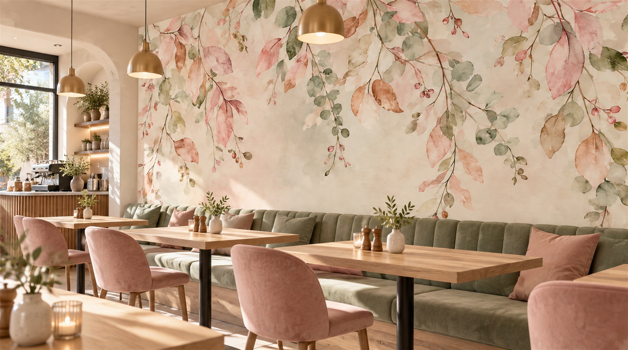 Pink Floral Foliage Wallpaper Mural Scene