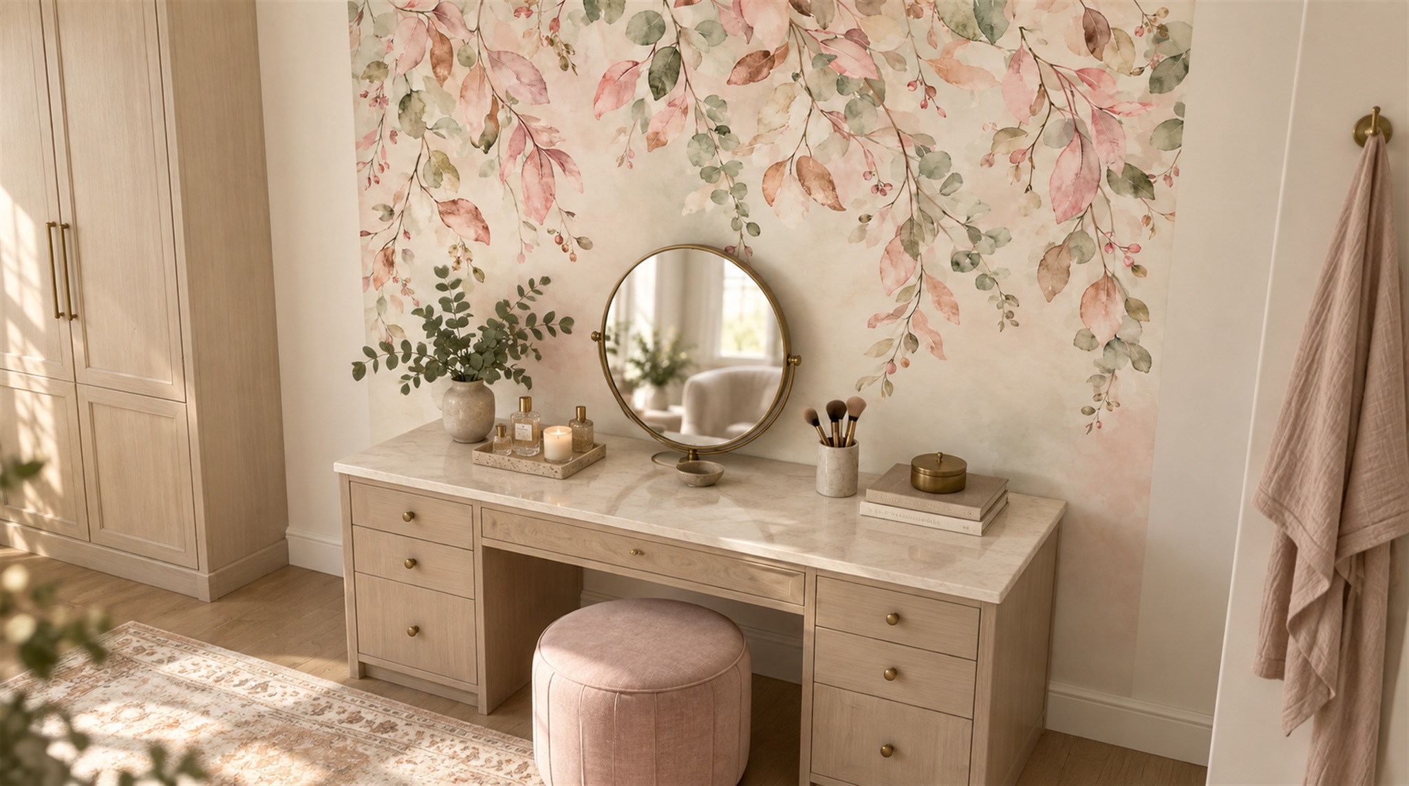 Pink Floral Foliage Wallpaper Mural Scene