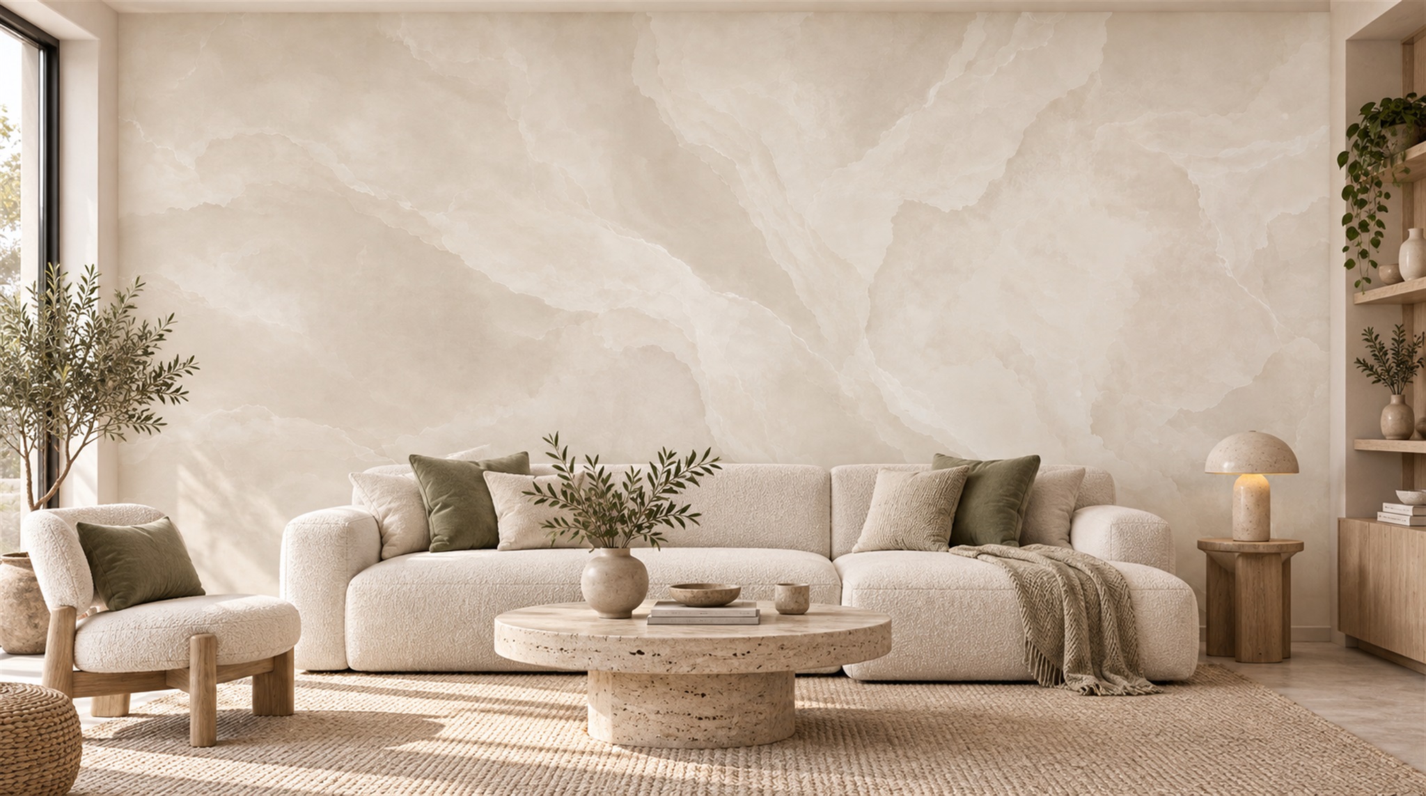 Ivory Marble Veining Japandi Wallpaper Mural Main