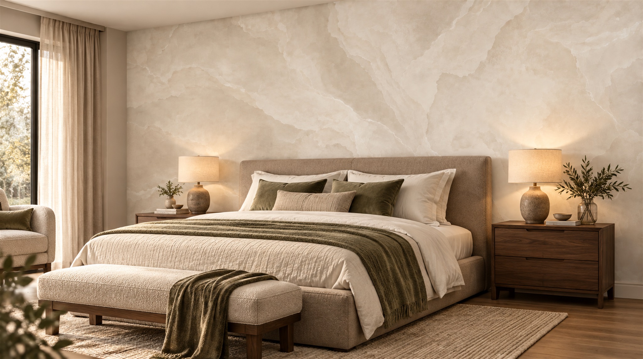 Ivory Marble Veining Japandi Wallpaper Mural Scene