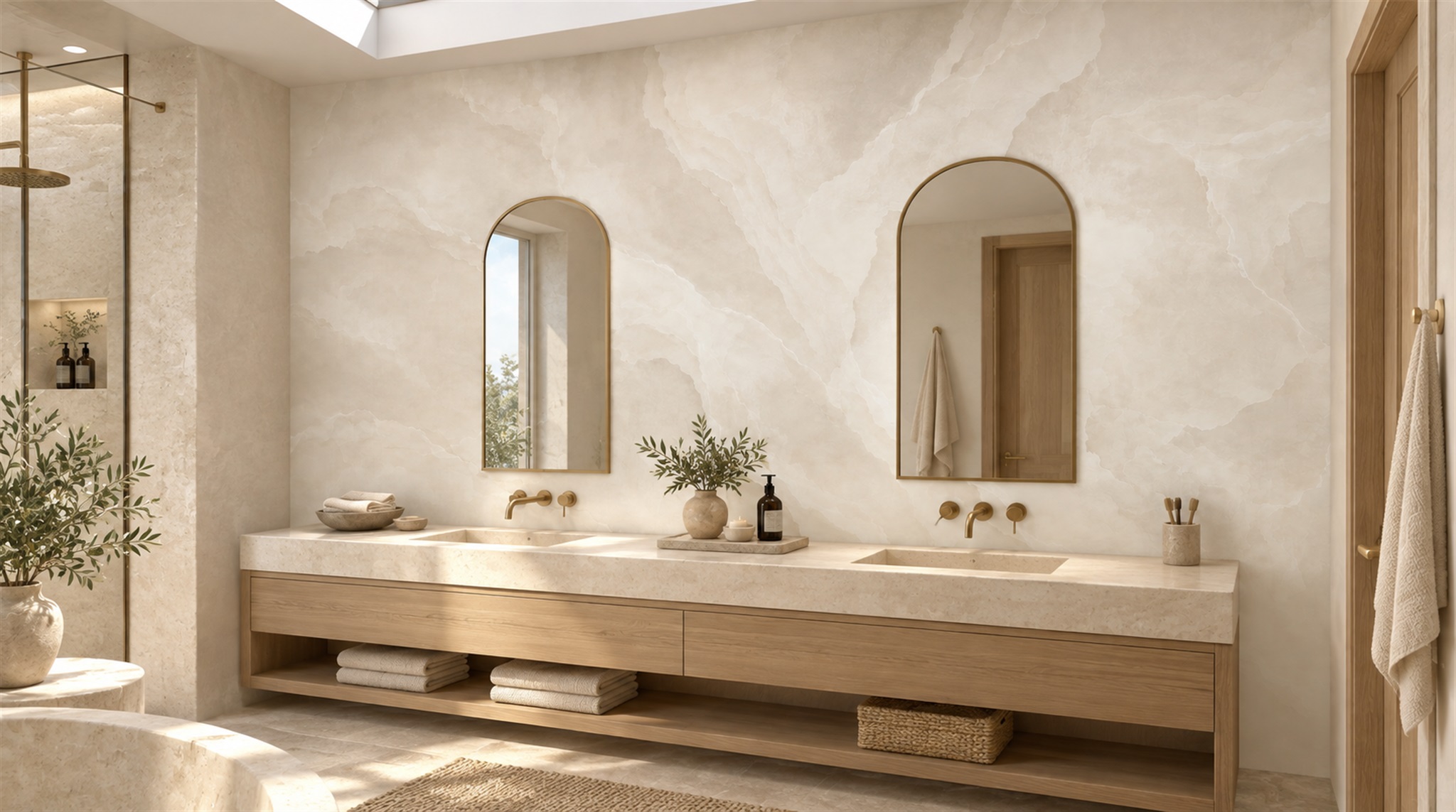 Ivory Marble Veining Japandi Wallpaper Mural Scene