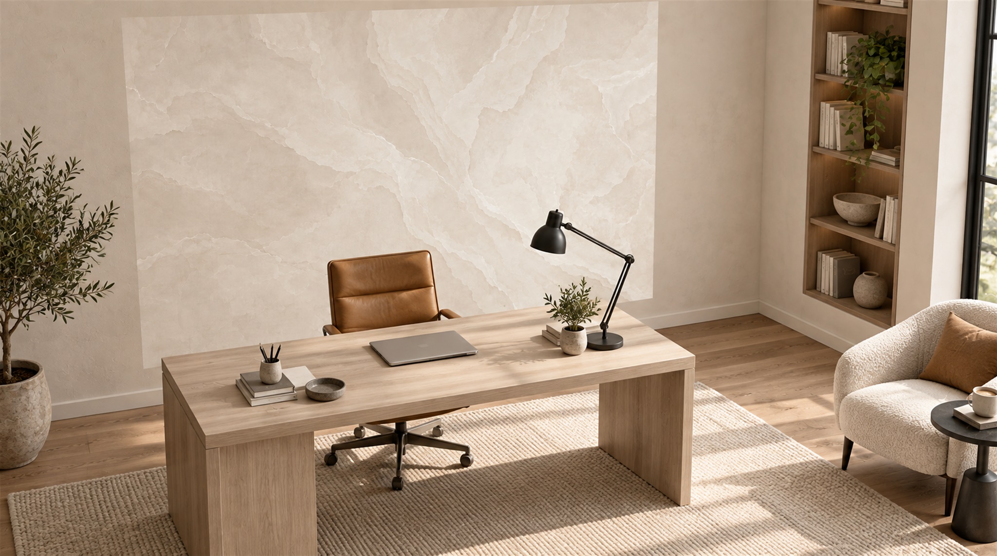 Ivory Marble Veining Japandi Wallpaper Mural Scene
