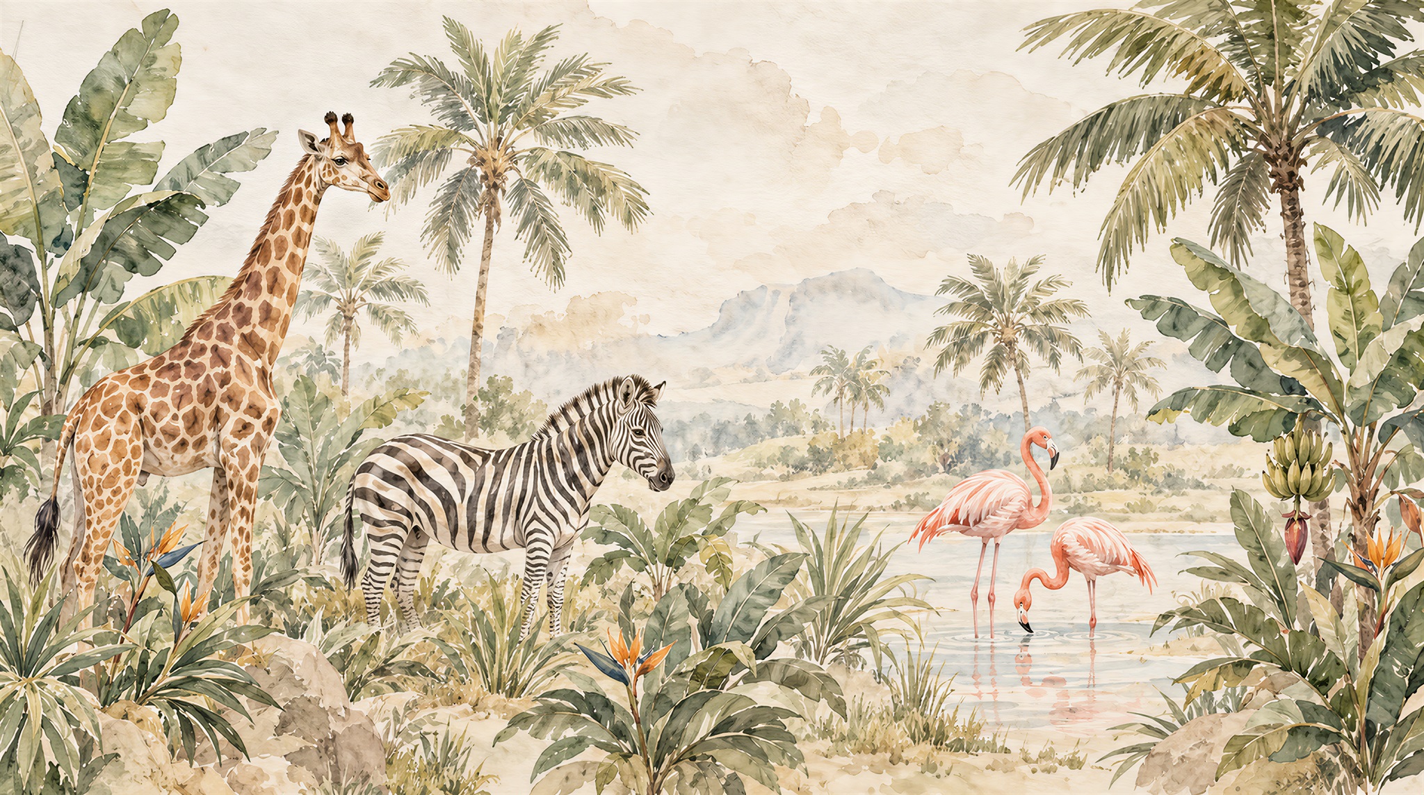 Neutral Safari Animals Wallpaper Mural Main