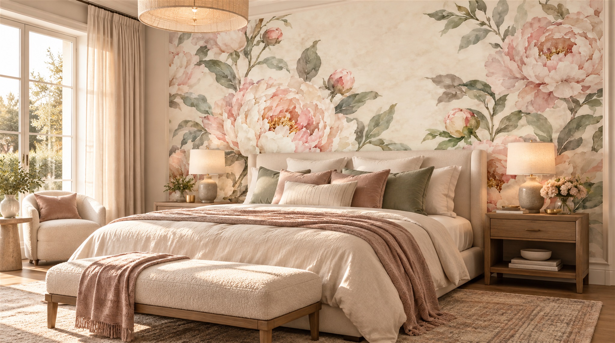 Pink Peony Flowers Wallpaper Mural Scene