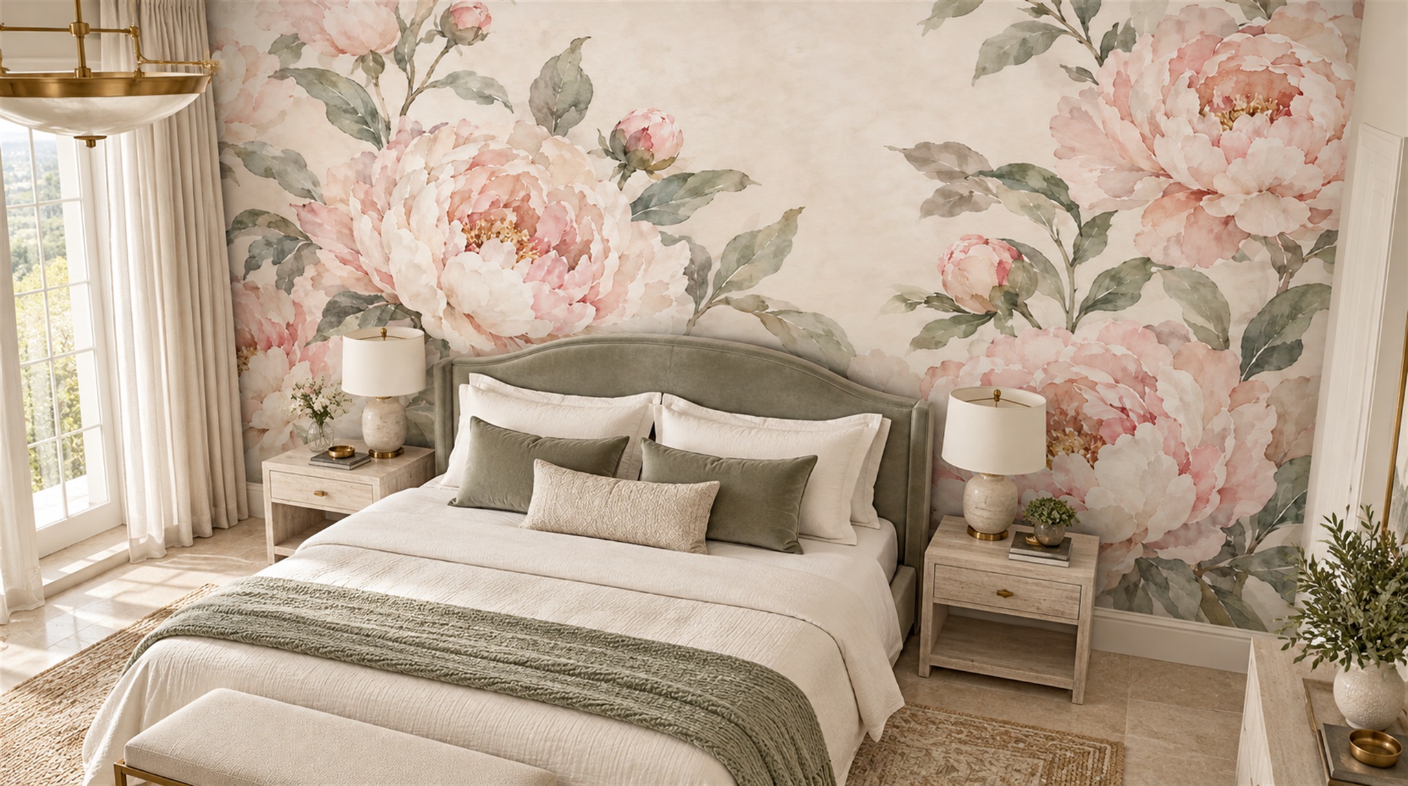 Pink Peony Flowers Wallpaper Mural Scene