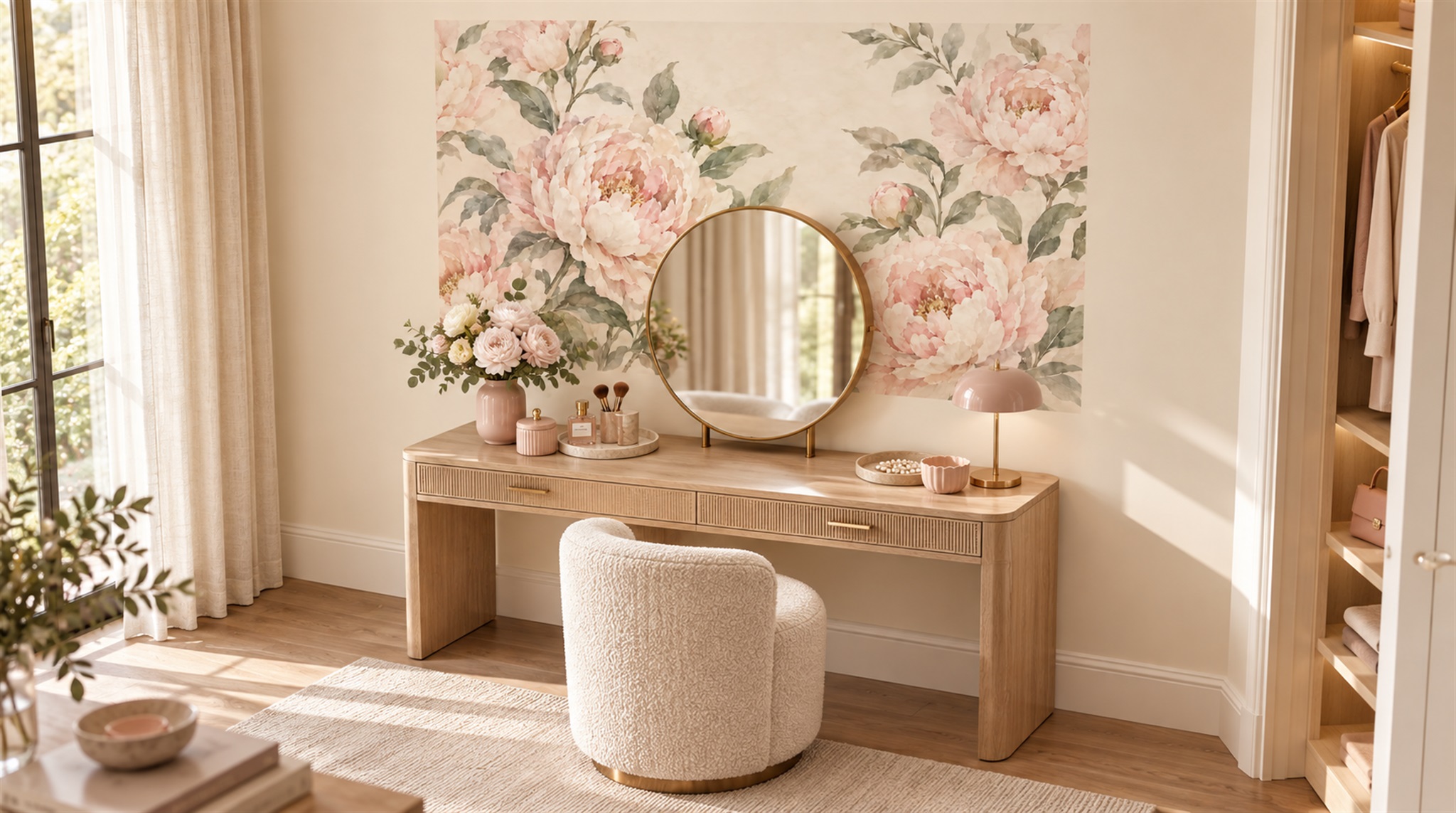 Pink Peony Flowers Wallpaper Mural Scene