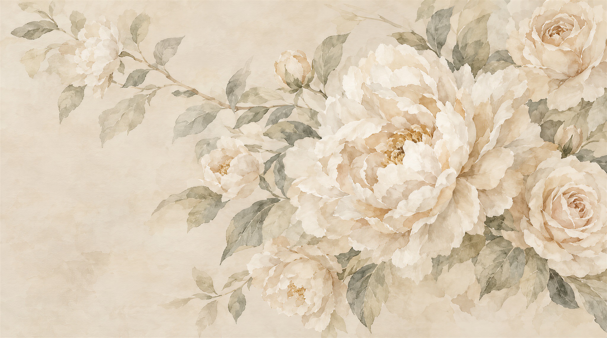 Ivory Peony Flowers Wallpaper Mural Main
