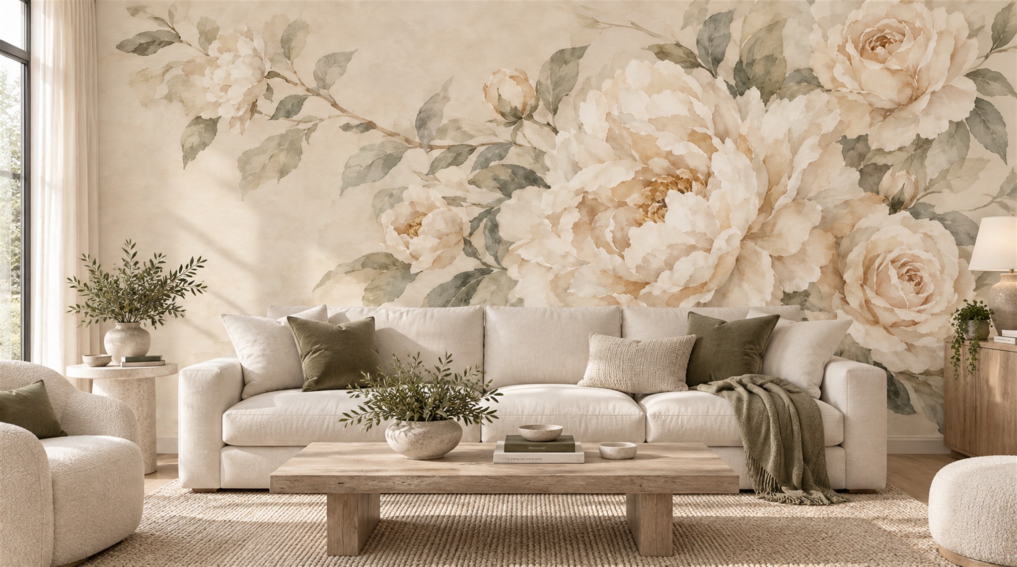 Ivory Peony Flowers Wallpaper Mural Main