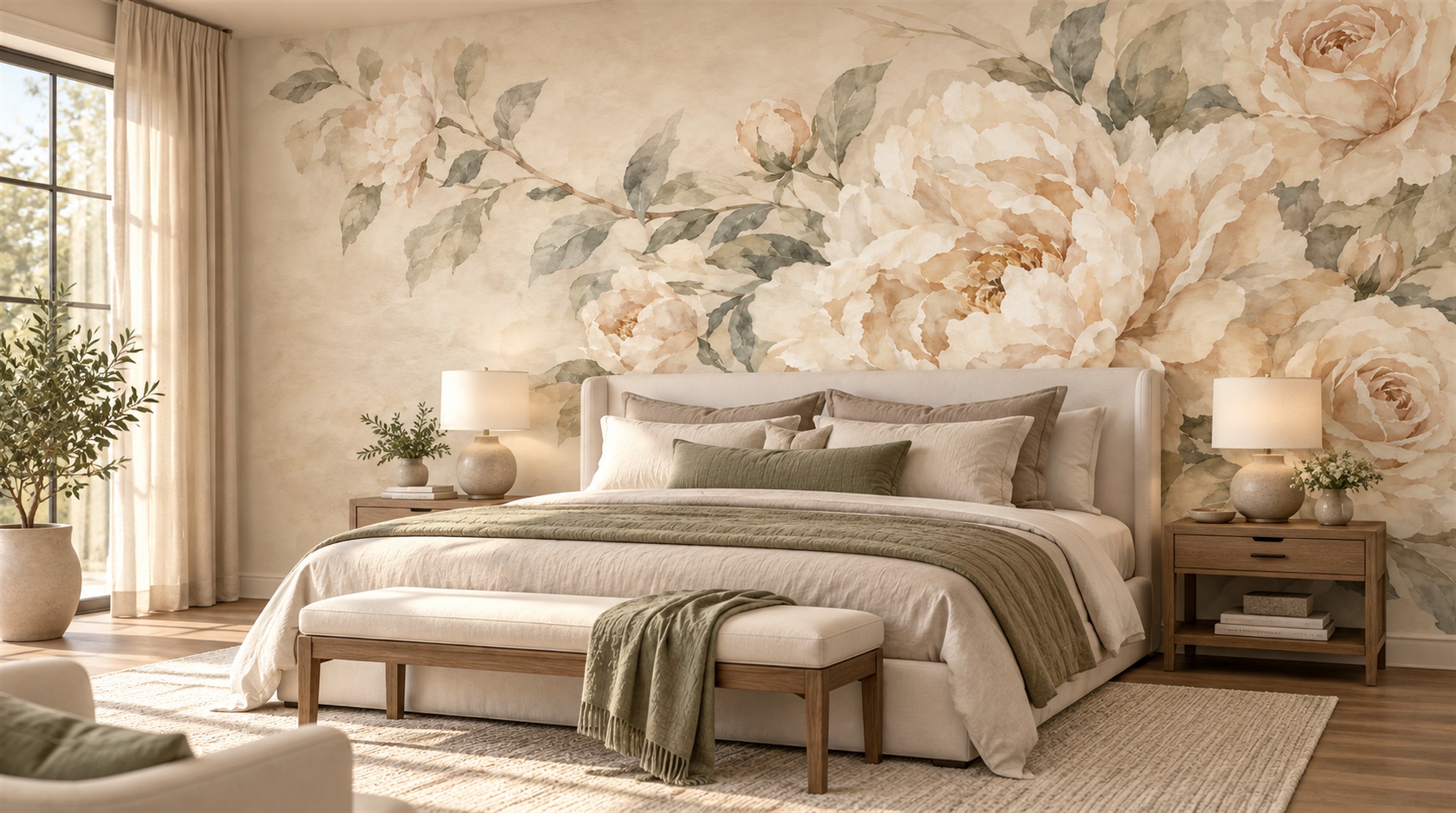 Ivory Peony Flowers Wallpaper Mural Scene