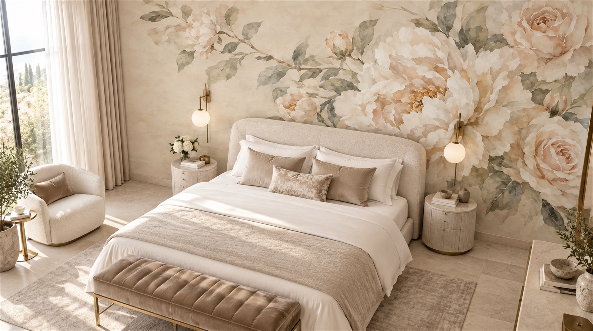 Ivory Peony Flowers Wallpaper Mural Scene