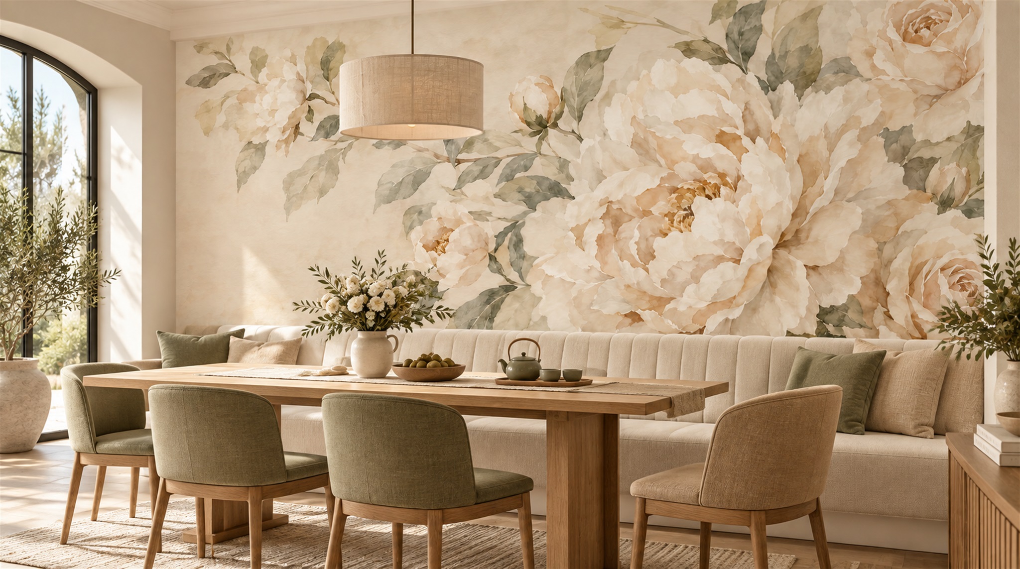 Ivory Peony Flowers Wallpaper Mural Scene